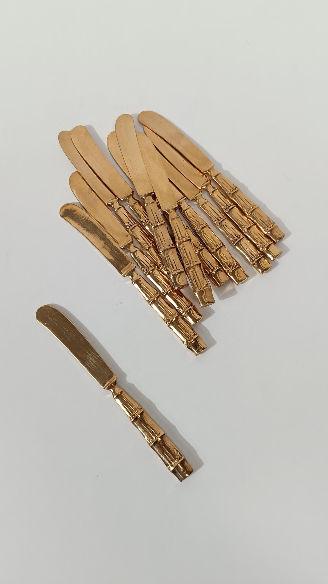 Vintage Brass Faux Bamboo Flatware, Dessert Set in Hollywood Regency Style, 70s For Sale 9