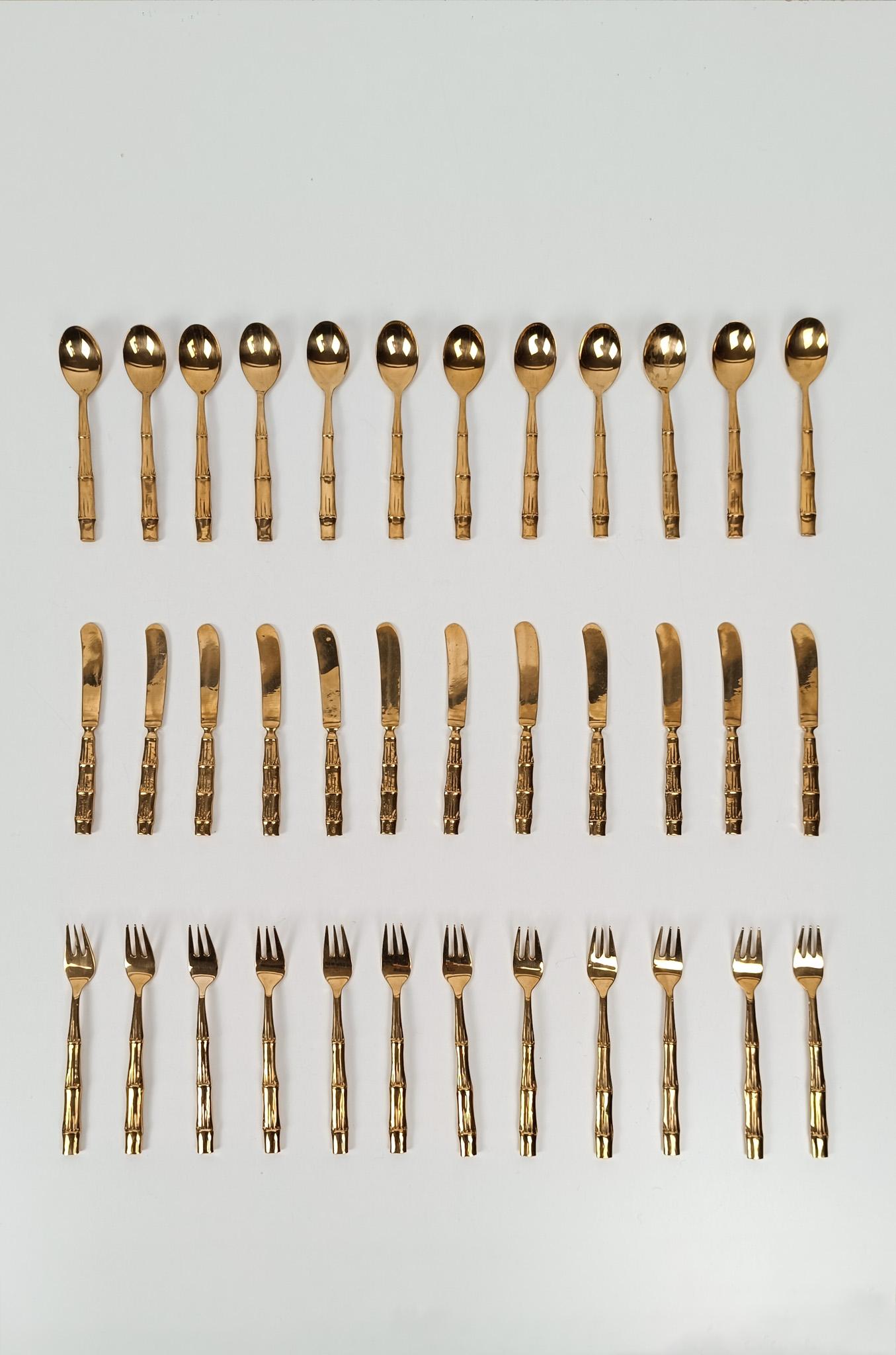 Vintage Brass Faux Bamboo Flatware, Dessert Set in Hollywood Regency Style, 70s For Sale 10