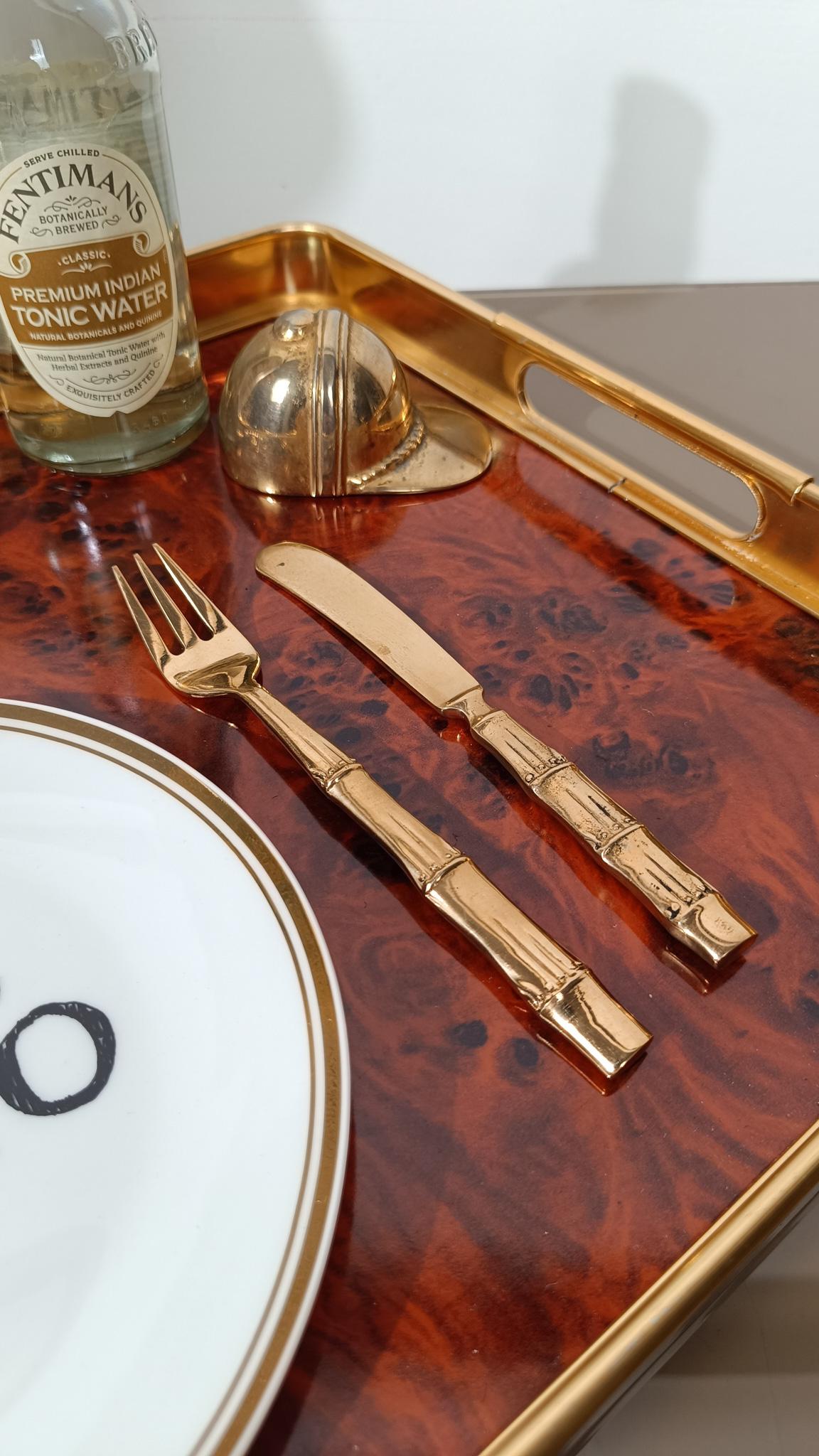 Vintage Brass Faux Bamboo Flatware, Dessert Set in Hollywood Regency Style, 70s For Sale 1