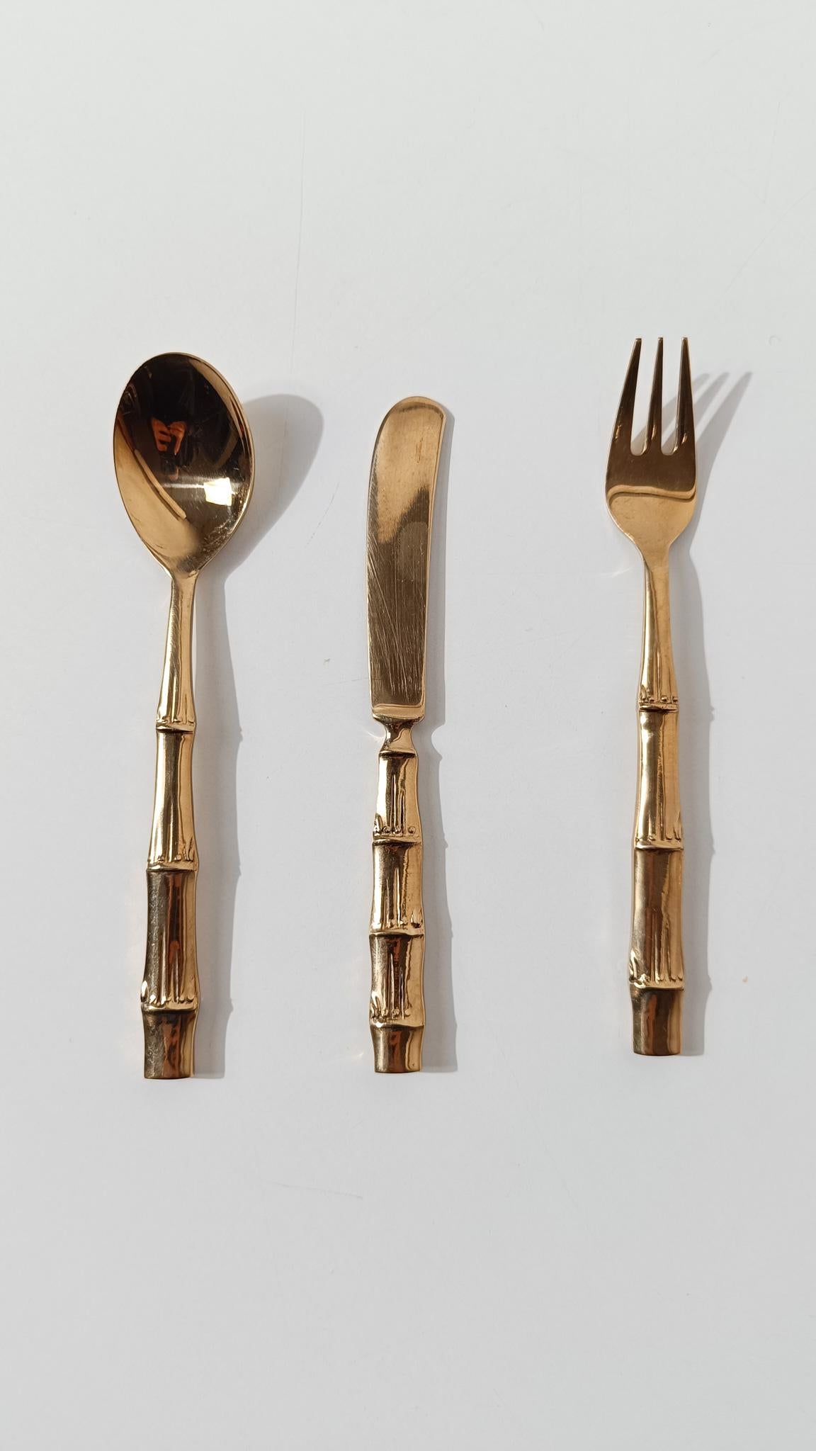 Vintage Brass Faux Bamboo Flatware, Dessert Set in Hollywood Regency Style, 70s For Sale 3