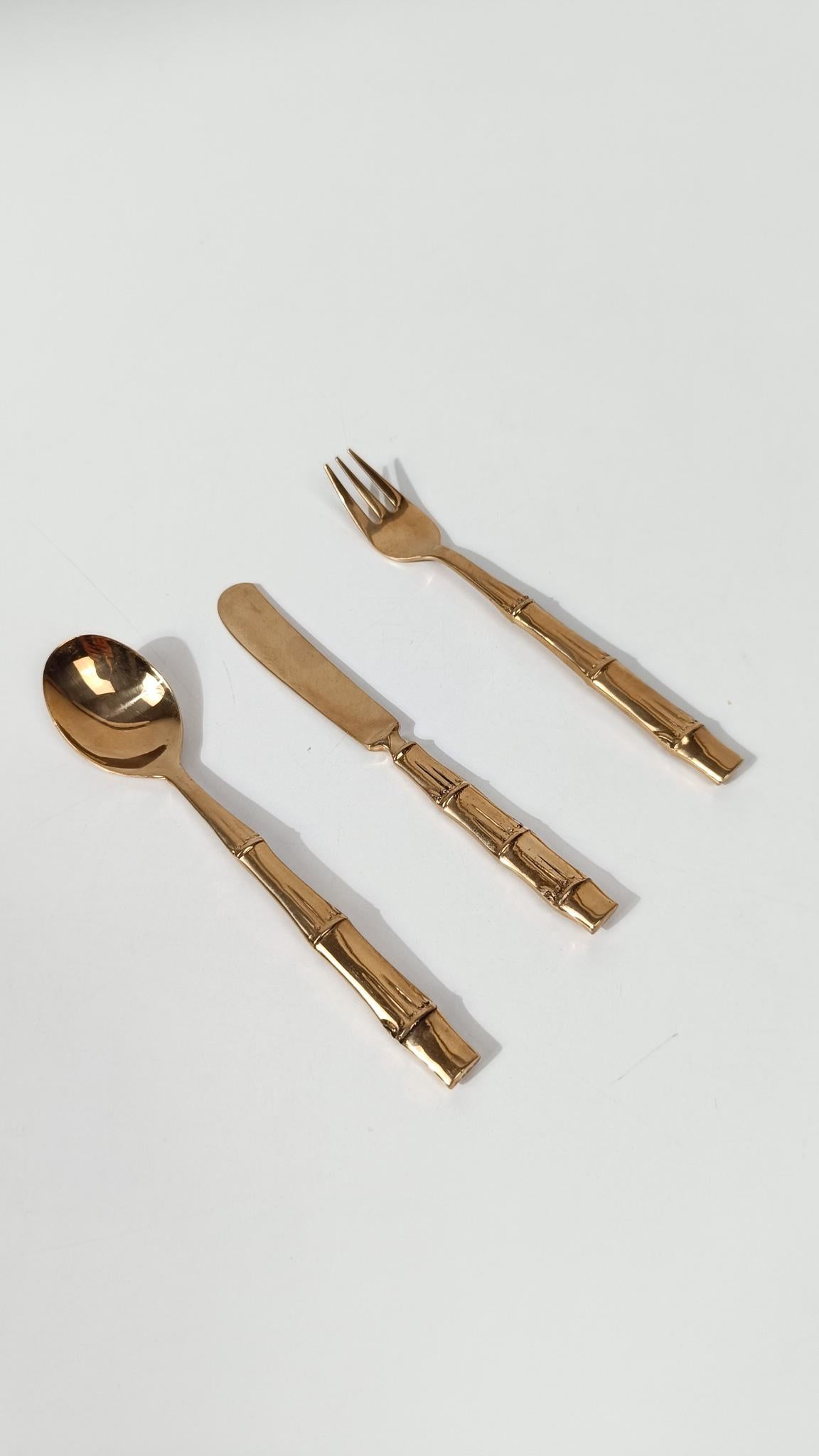 Vintage Brass Faux Bamboo Flatware, Dessert Set in Hollywood Regency Style, 70s For Sale 4