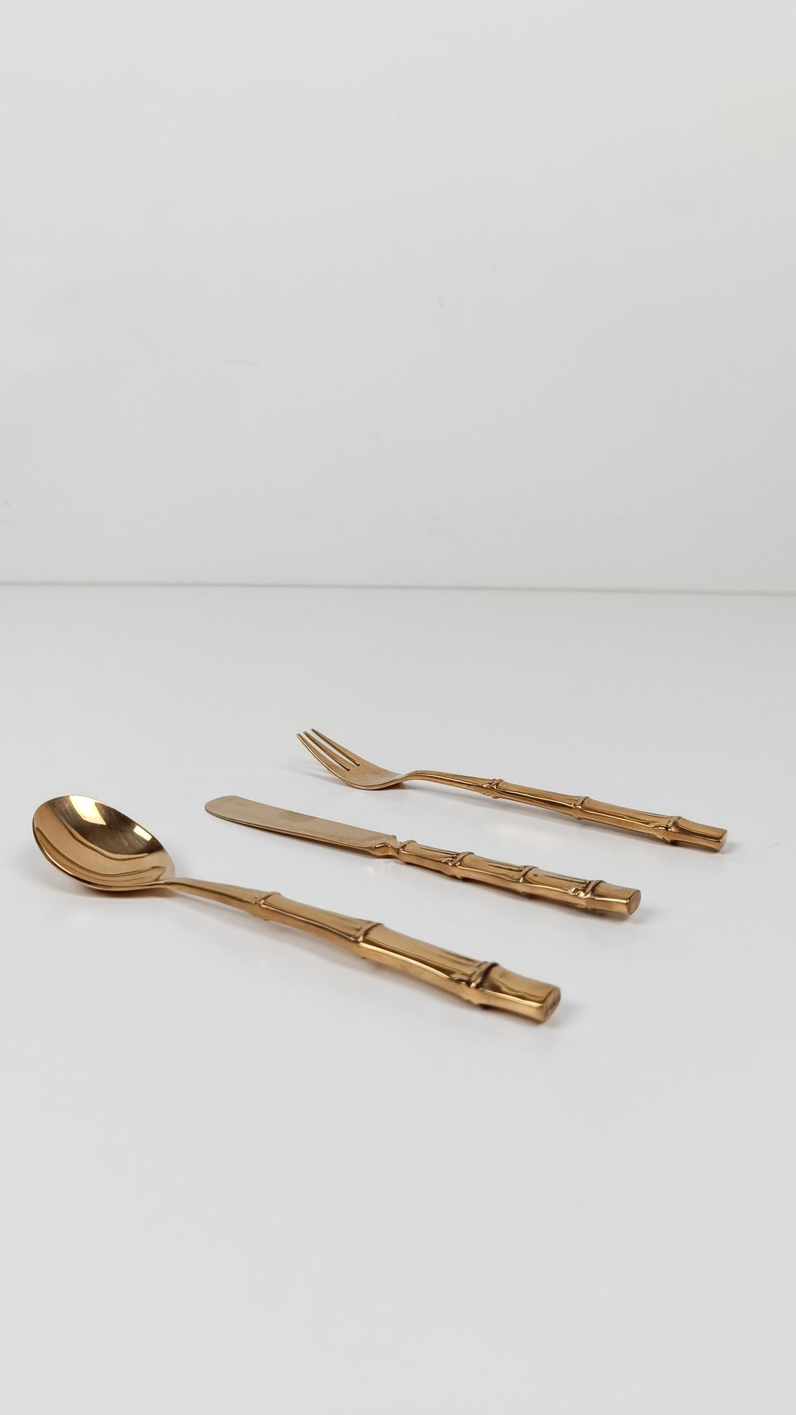 Vintage Brass Faux Bamboo Flatware, Dessert Set in Hollywood Regency Style, 70s For Sale 5