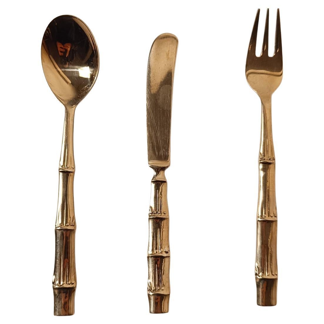 Vintage Messing Faux Bambus Besteck, Dessert Set im Hollywood Regency Stil, 70er Jahre