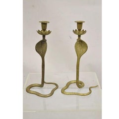 Vintage Brass Figural Hollywood Regency Coiled Cobra Snake Candlesticks - a Pair