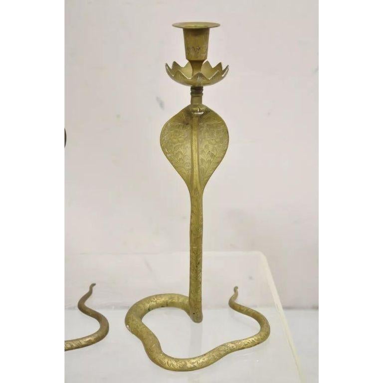Vintage Brass Figural Hollywood Regency Coiled Cobra Snake Candlesticks - a Pair In Good Condition For Sale In Philadelphia, PA