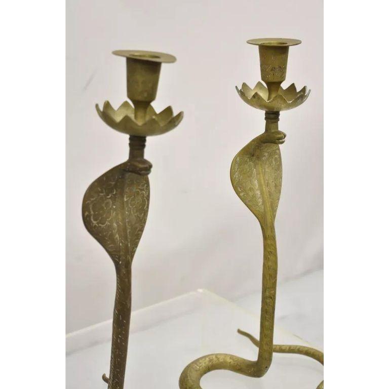 Vintage Brass Figural Hollywood Regency Coiled Cobra Snake Candlesticks - a Pair For Sale 1