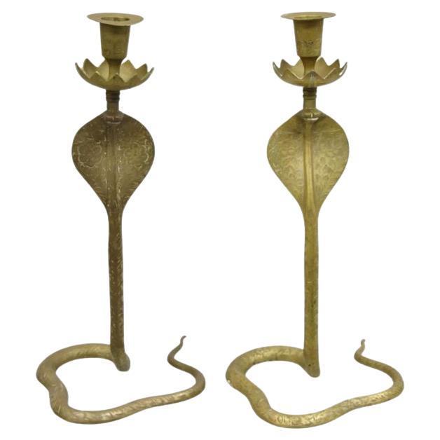 Vintage Brass Figural Hollywood Regency Coiled Cobra Snake Candlesticks - a Pair For Sale