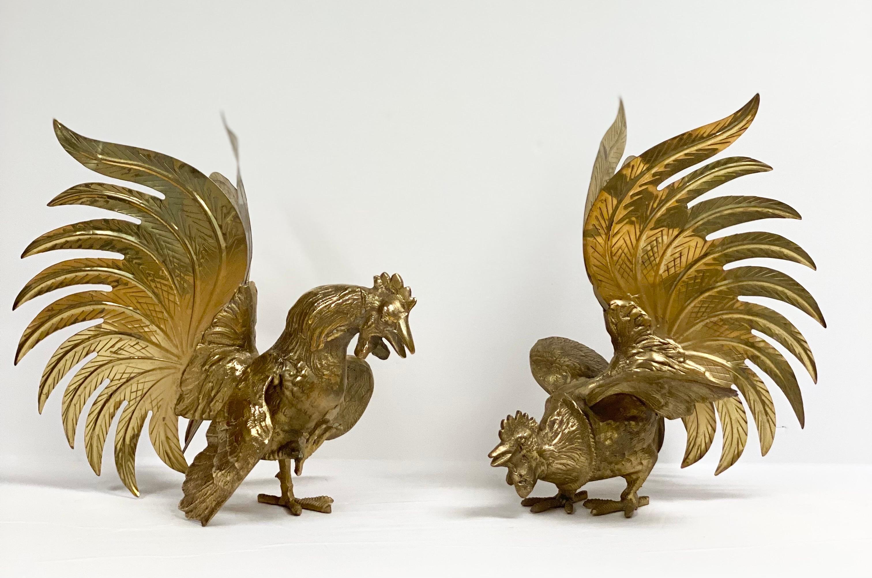 Art Deco Vintage Brass Figurine Roosters, a Pair 