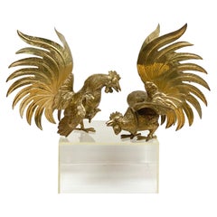 Vintage Brass Figurine Roosters, a Pair