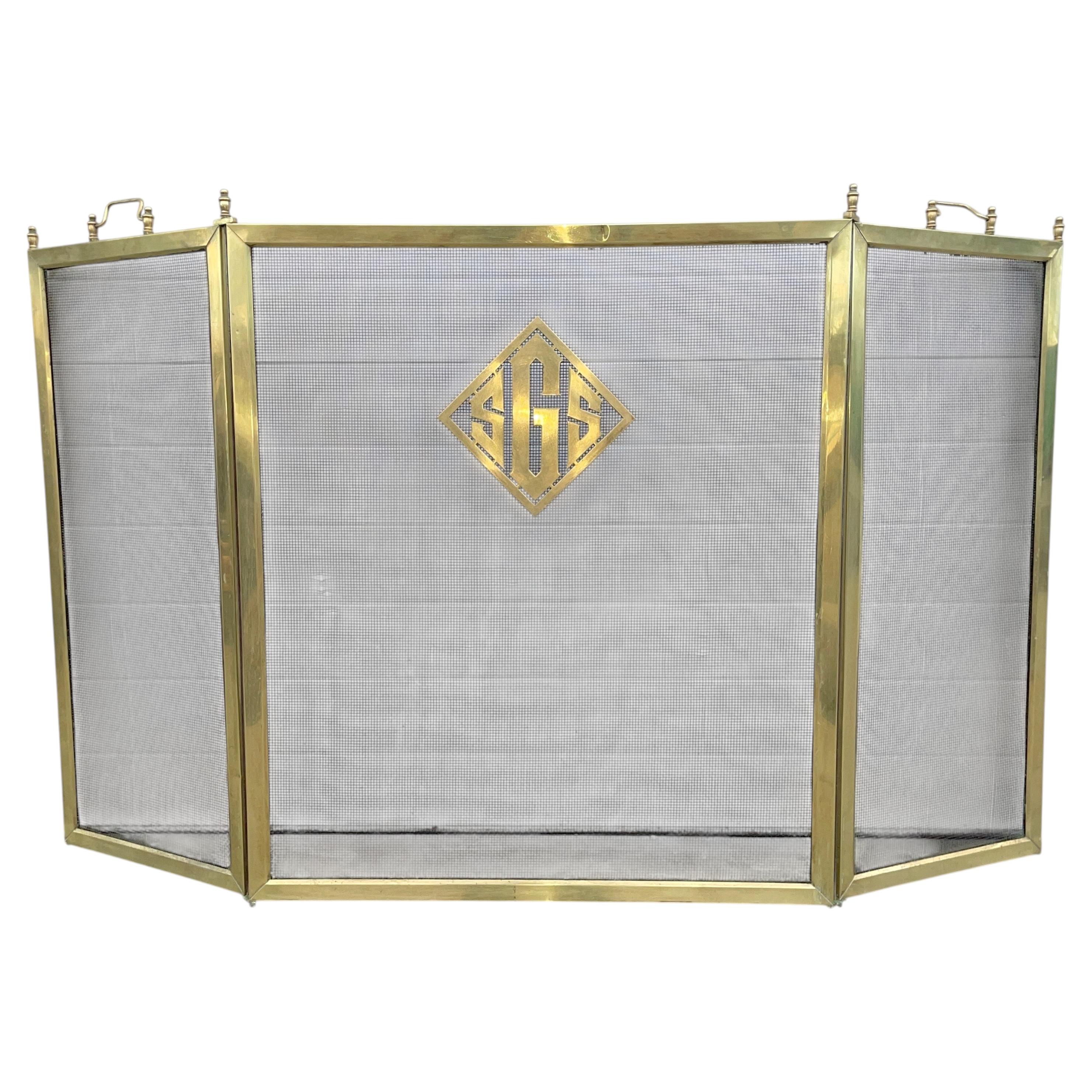 Vintage Brass Fireplace Screen, Monogrammed For Sale