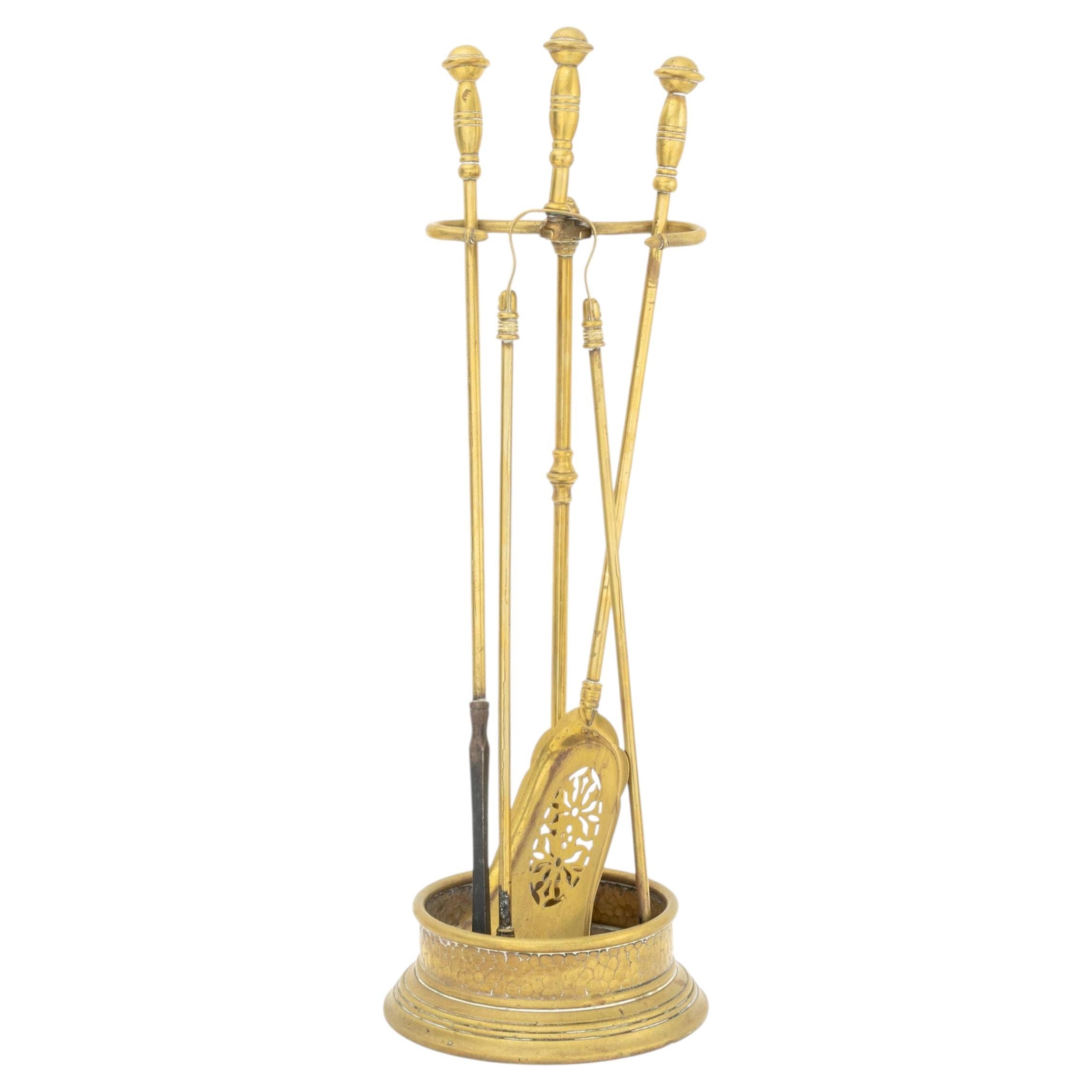 Vintage Brass Four-Piece Fireplace Tools Set including Stand For Sale