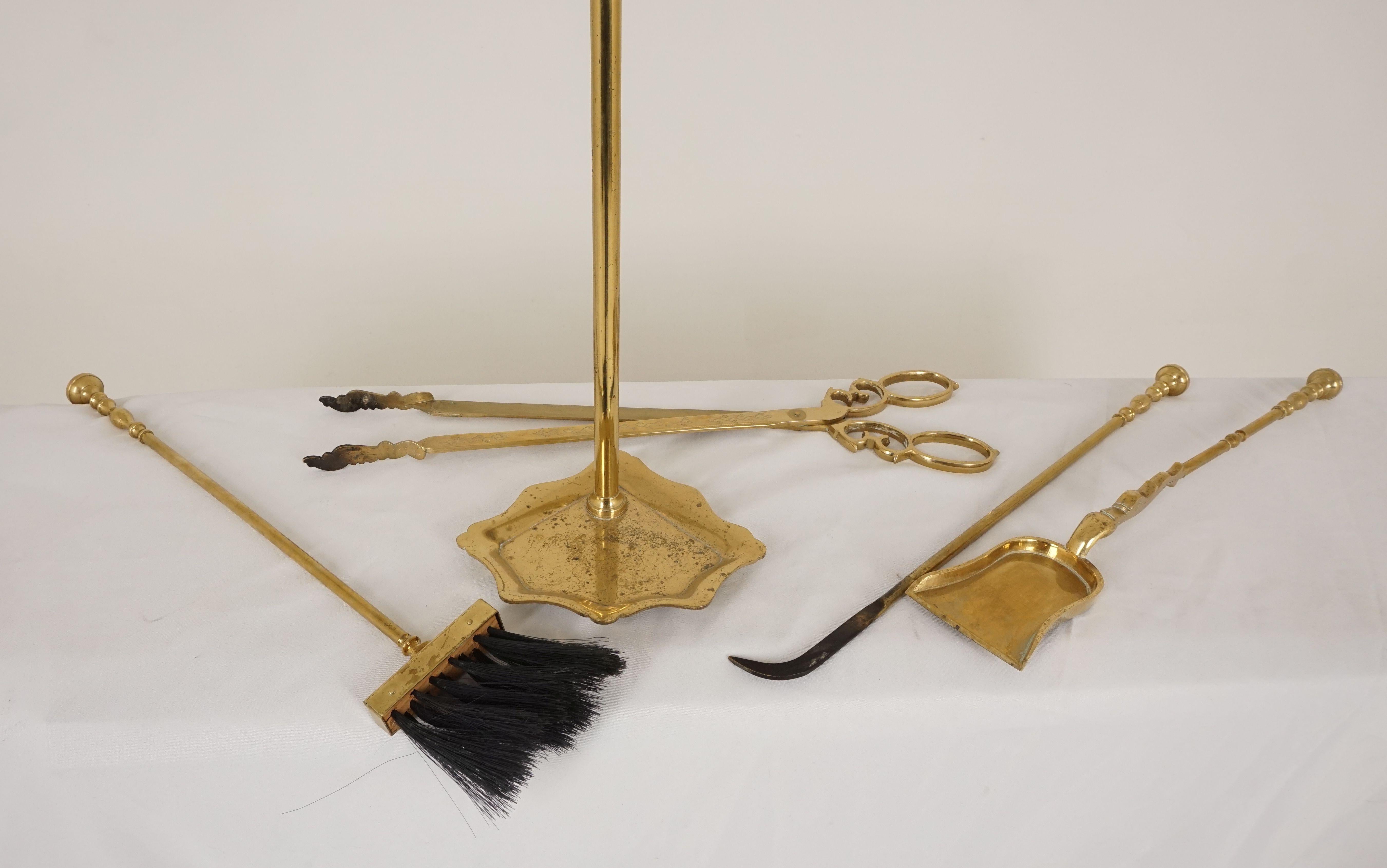 Unknown Vintage Brass Fireplace Tools, Poker, Broom, Tongs, Shovel, Companion Set, B2491