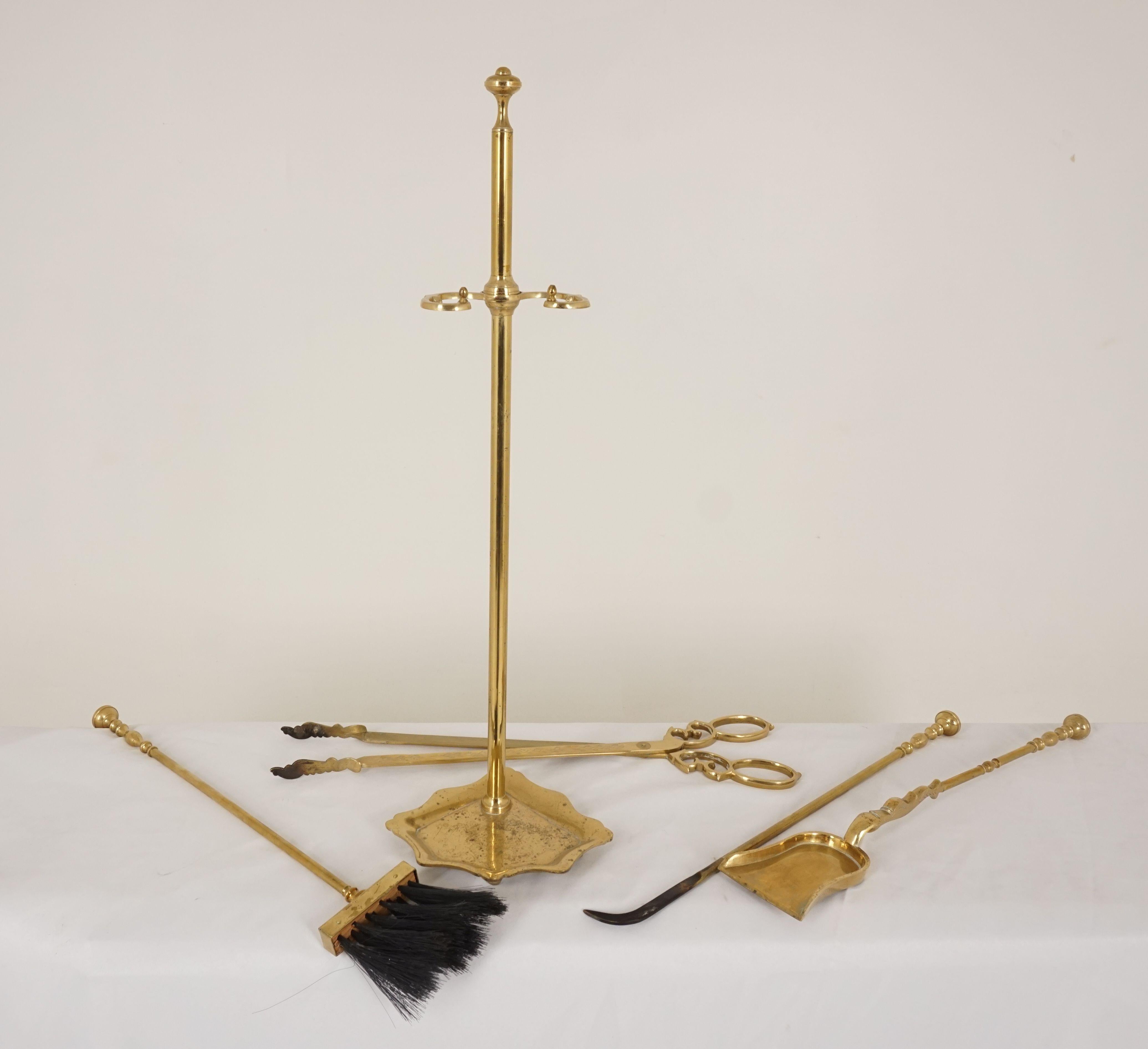 Hand-Crafted Vintage Brass Fireplace Tools, Poker, Broom, Tongs, Shovel, Companion Set, B2491