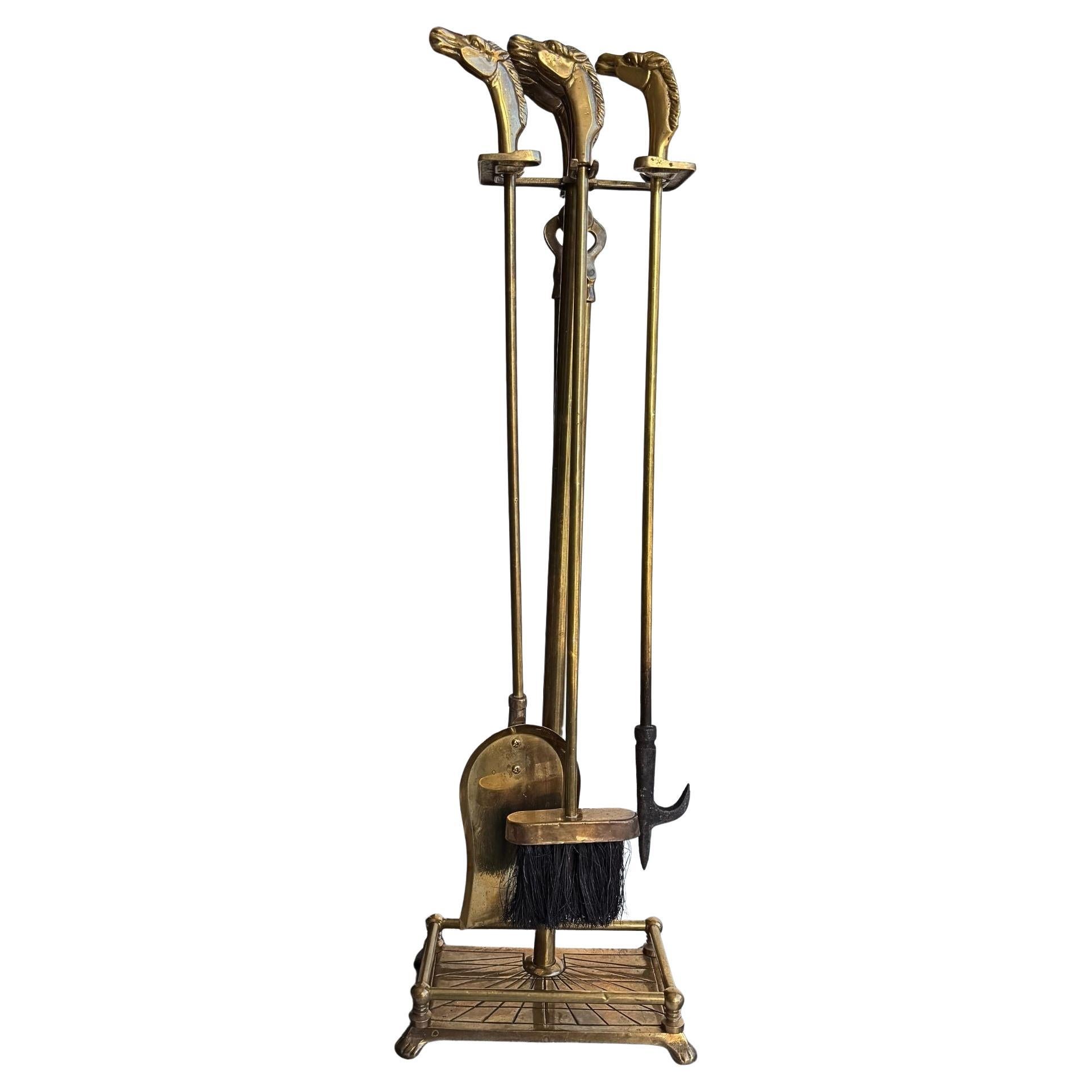 Vintage Brass Fireplace Tools Set with Horse Head Finials