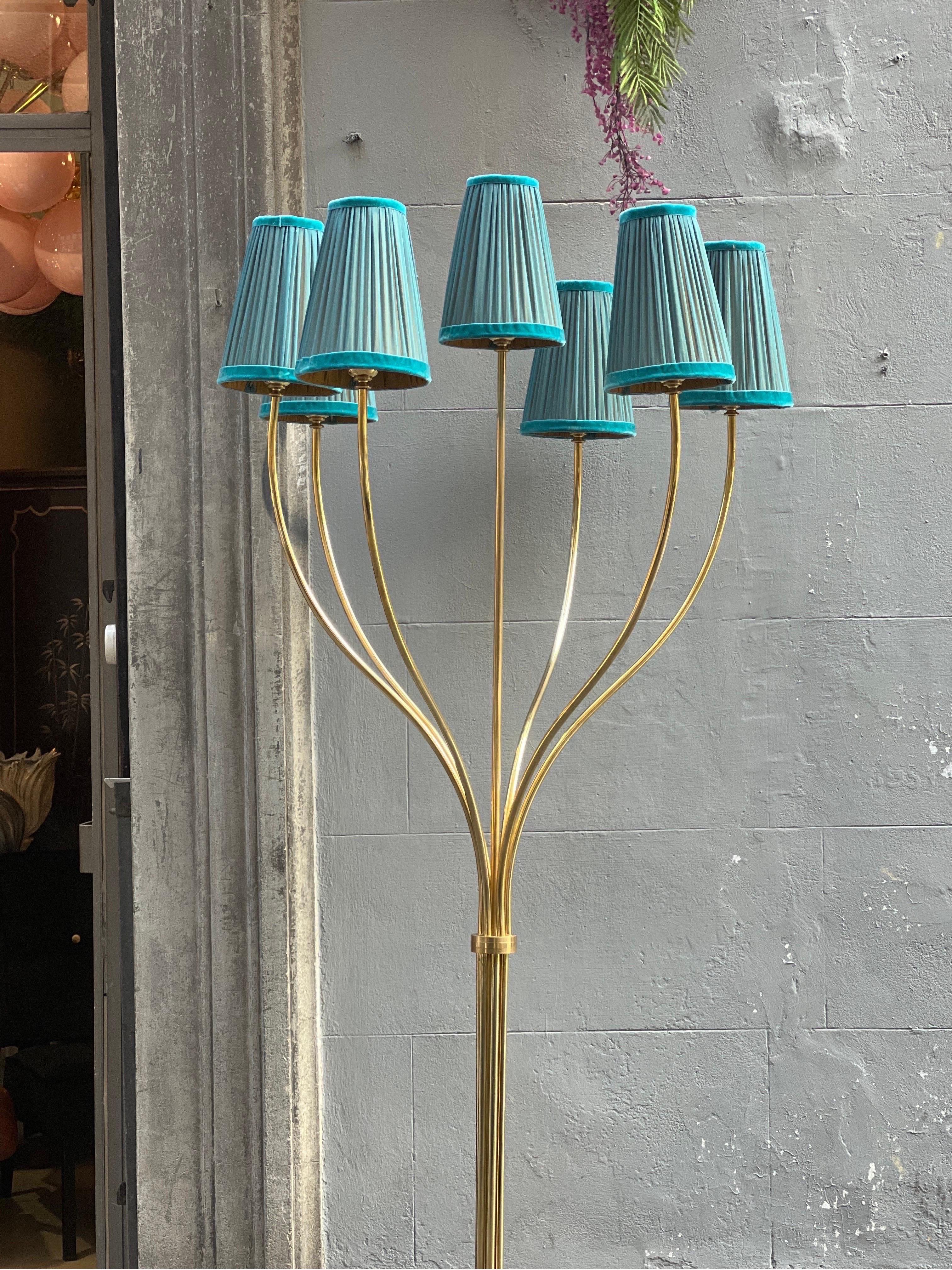 Vintage Brass Floor Lamp with Our Handcrafted Double Color Lampshades, 1970s For Sale 4