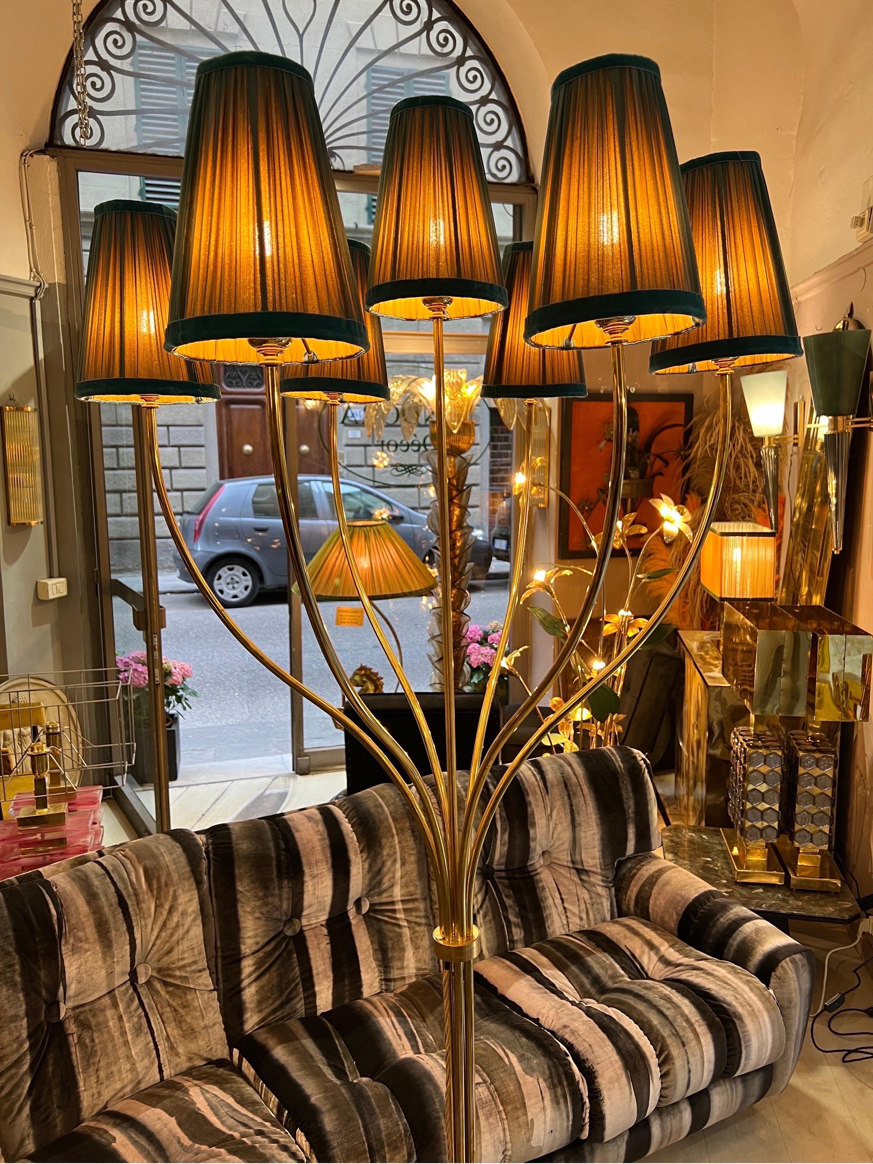 Vintage Brass Floor Lamp with Our Handcrafted Double Color Lampshades, 1970s For Sale 8