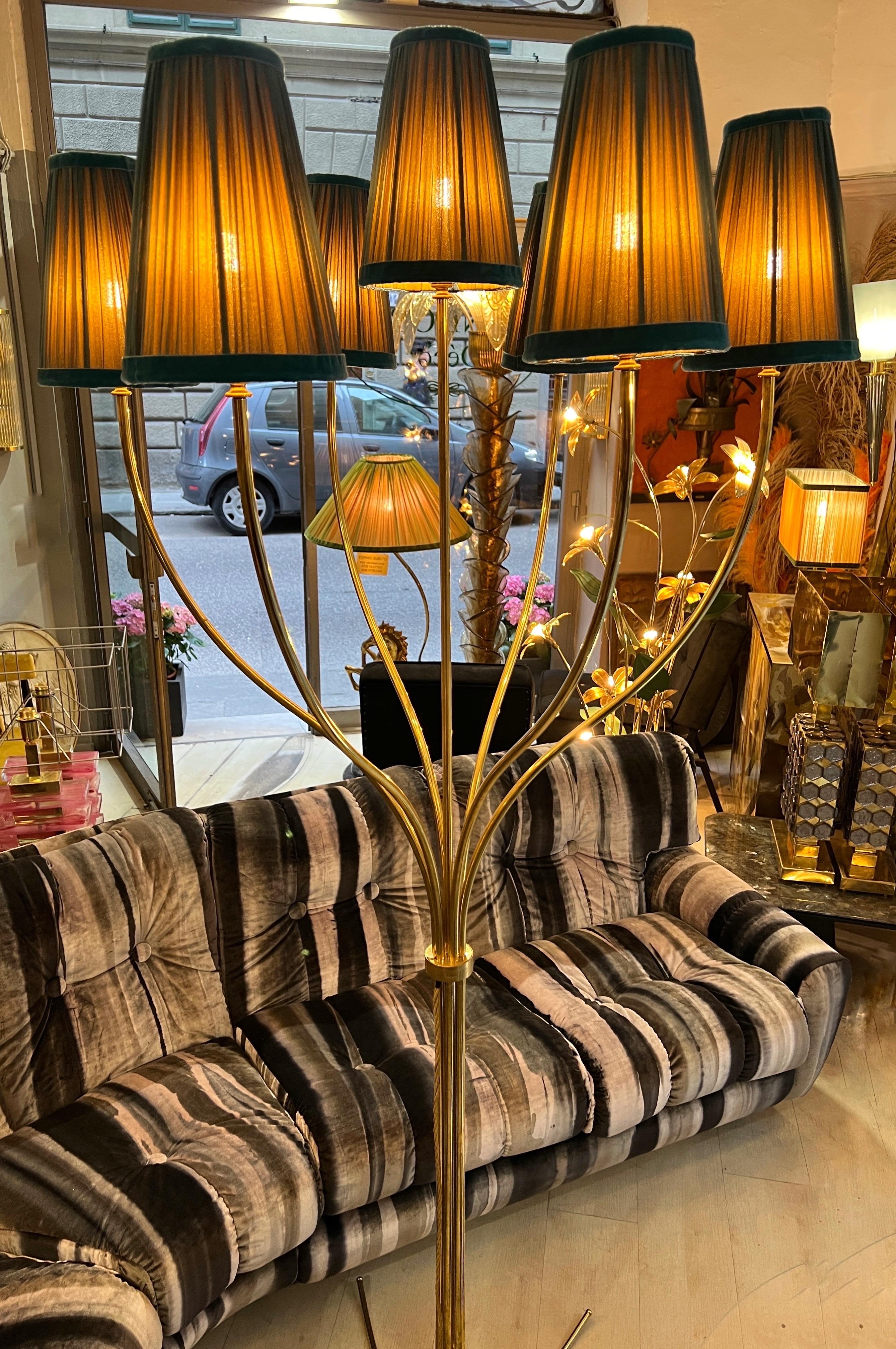 Vintage Brass Floor Lamp with Our Handcrafted Double Color Lampshades, 1970s For Sale 9