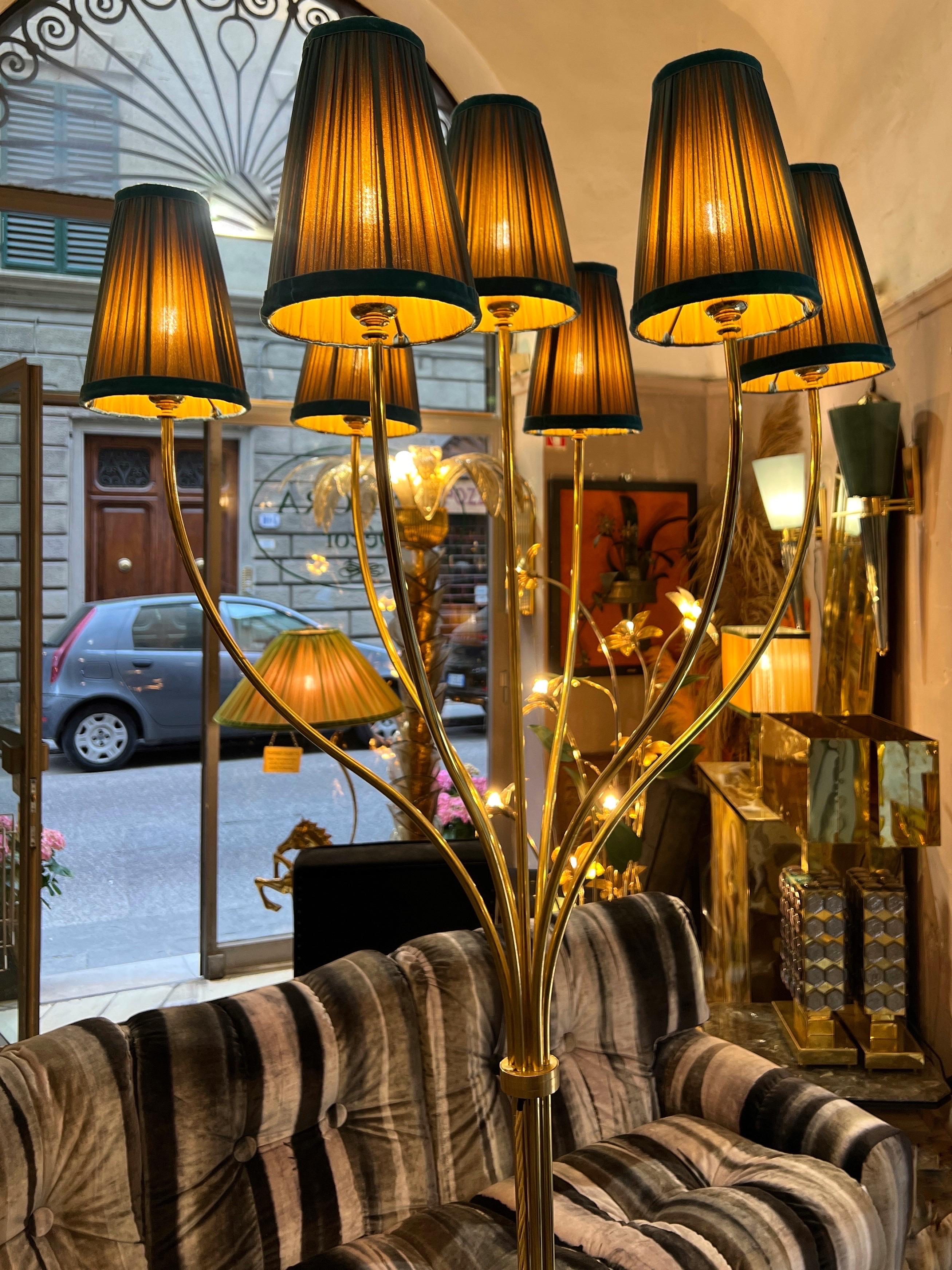 Vintage Brass Floor Lamp with Our Handcrafted Double Color Lampshades, 1970s For Sale 11