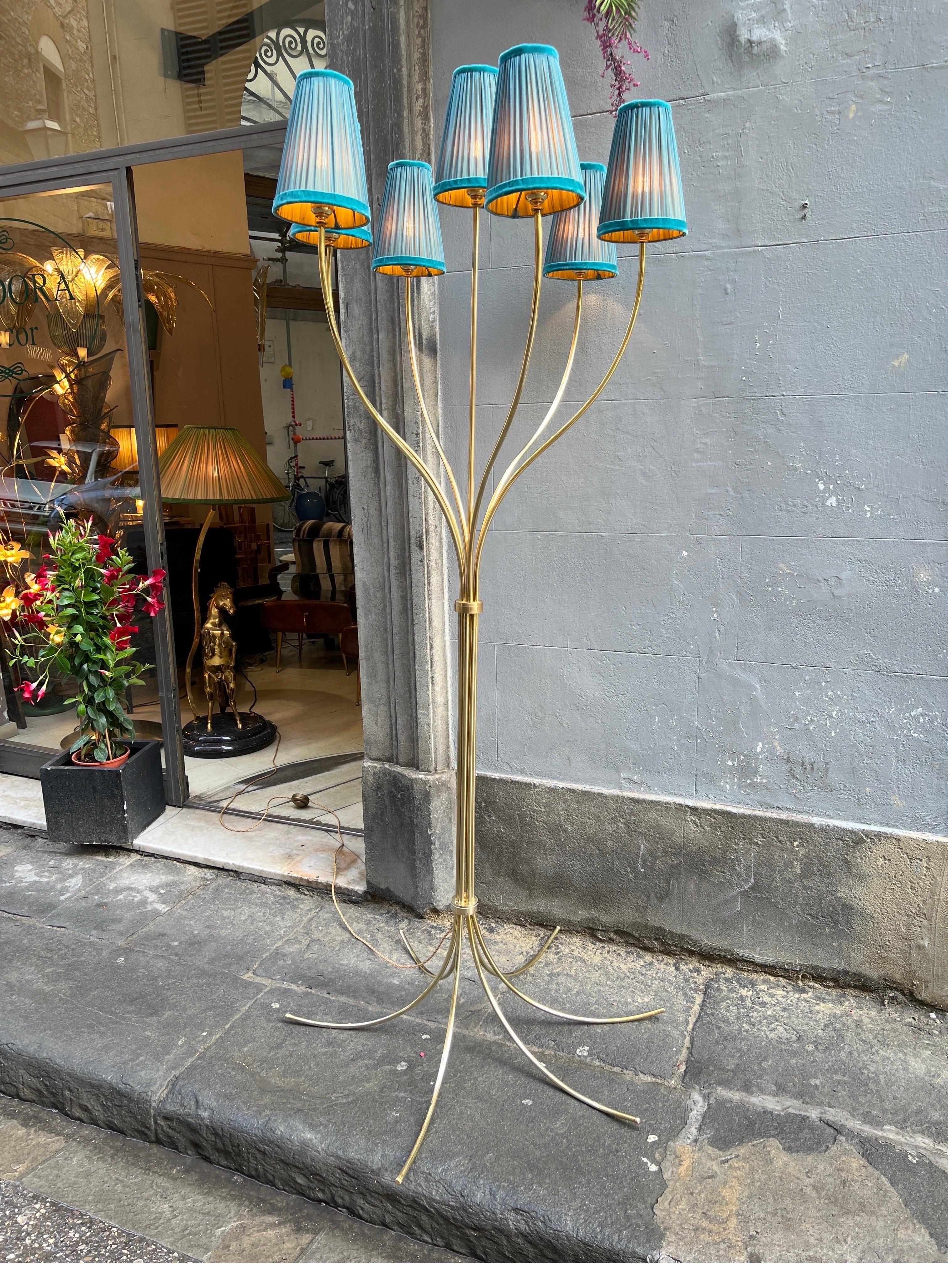 Mid-Century Modern Vintage Brass Floor Lamp with Our Handcrafted Double Color Lampshades, 1970s For Sale