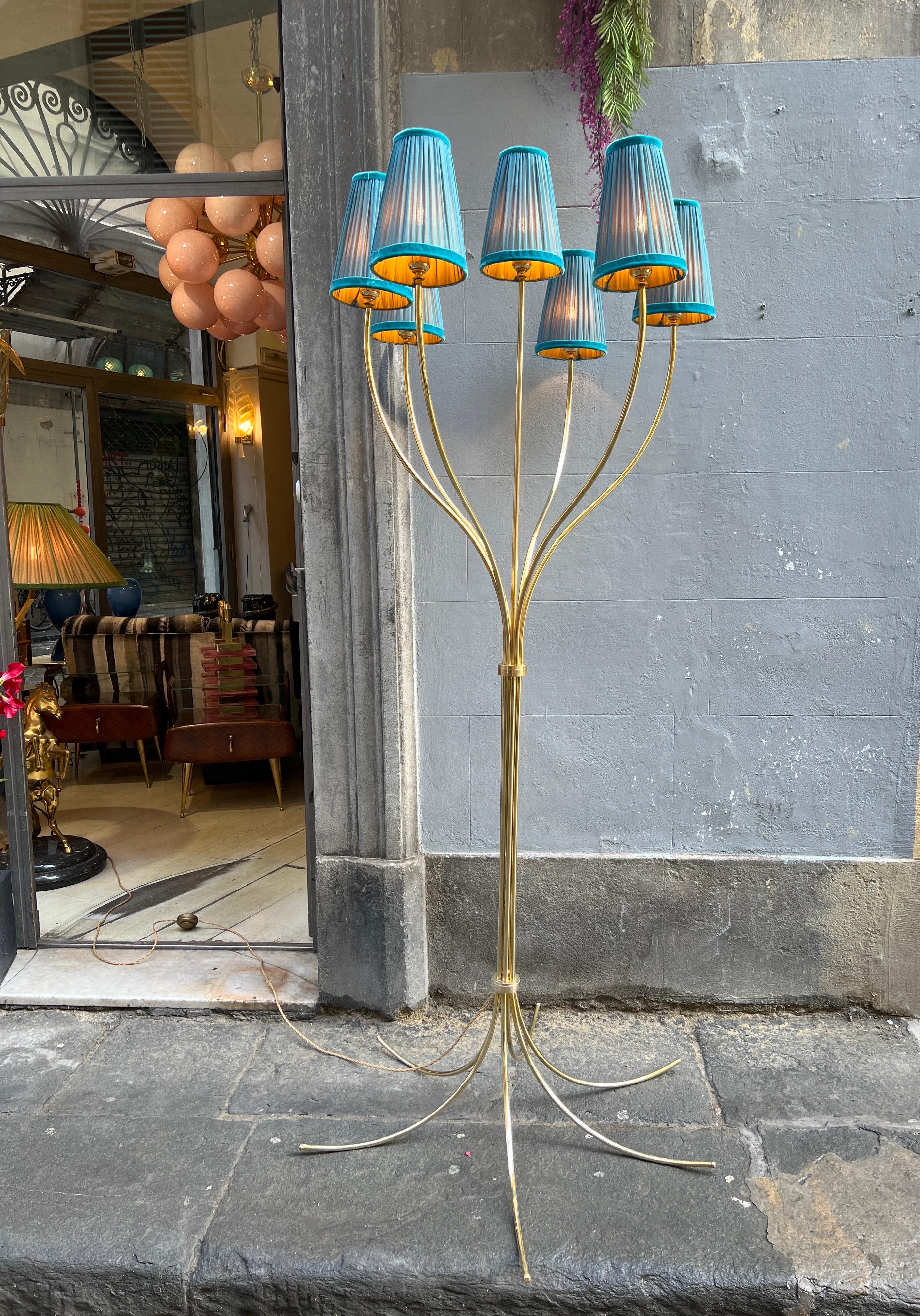 Italian Vintage Brass Floor Lamp with Our Handcrafted Double Color Lampshades, 1970s For Sale