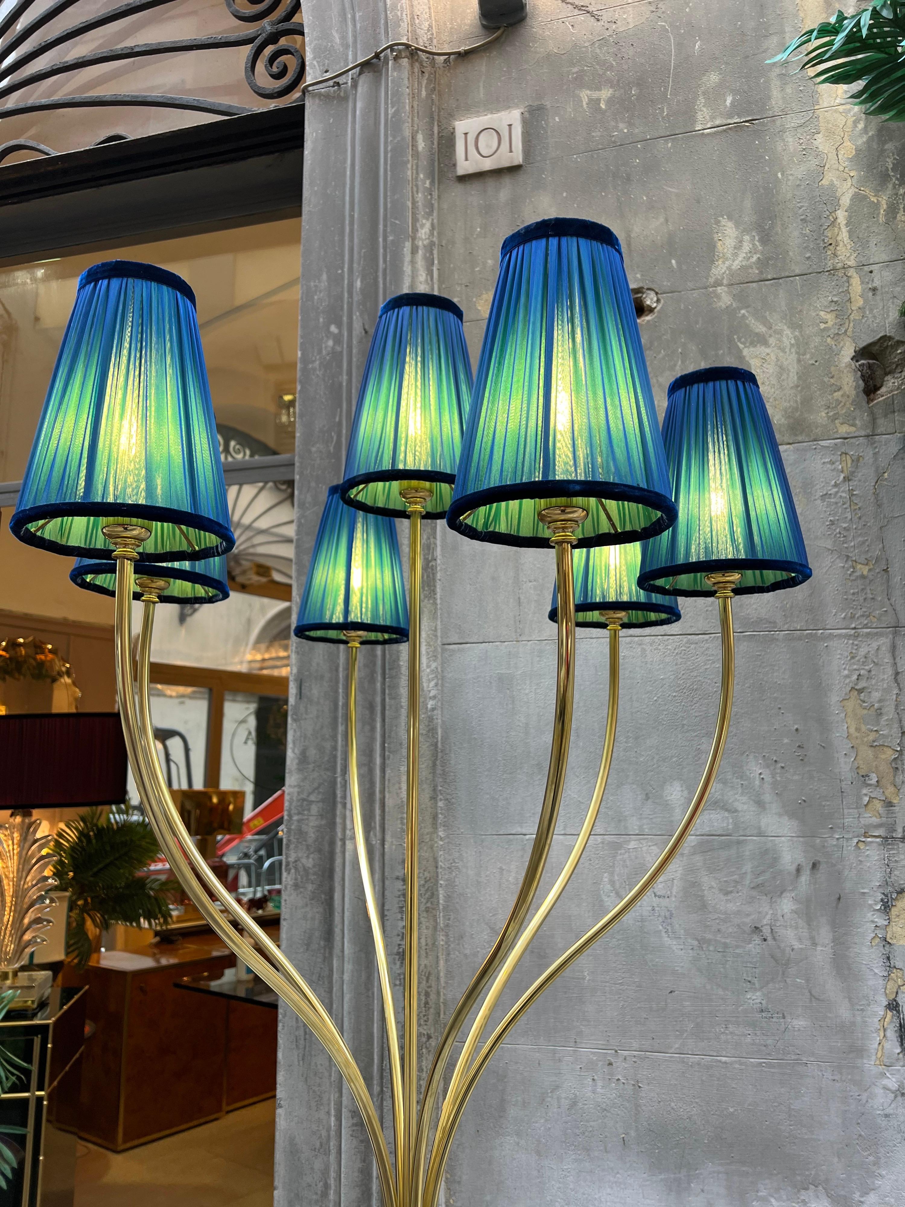 Vintage Brass Floor Lamp with Our Handcrafted Double Color Lampshades, 1970s In Excellent Condition In Florence, IT