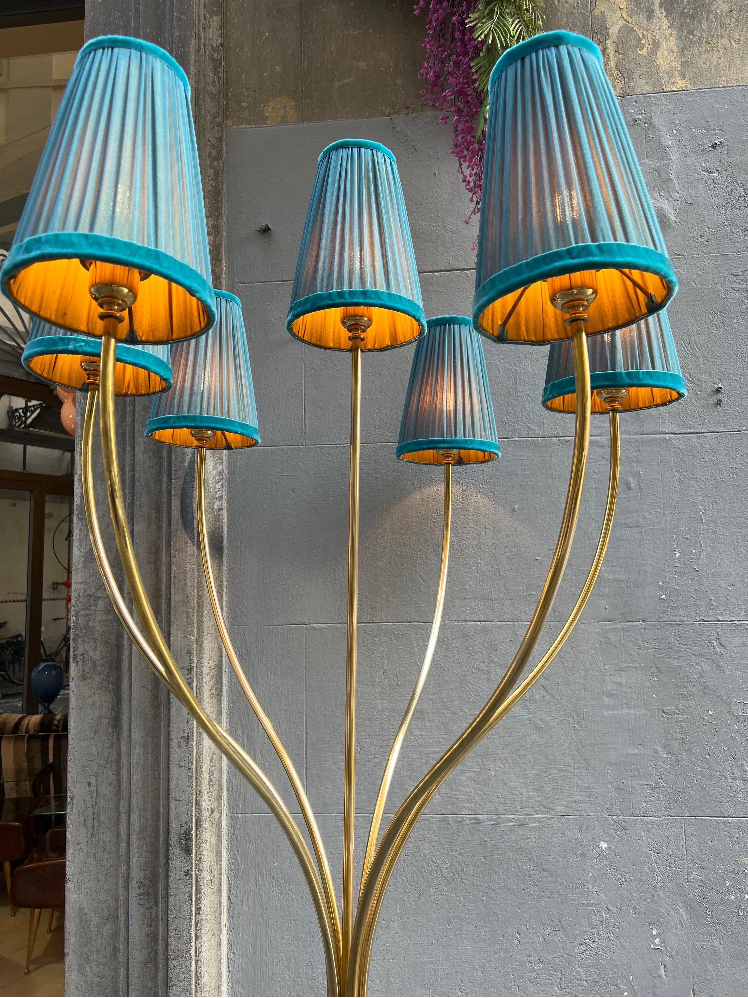 Late 20th Century Vintage Brass Floor Lamp with Our Handcrafted Double Color Lampshades, 1970s For Sale
