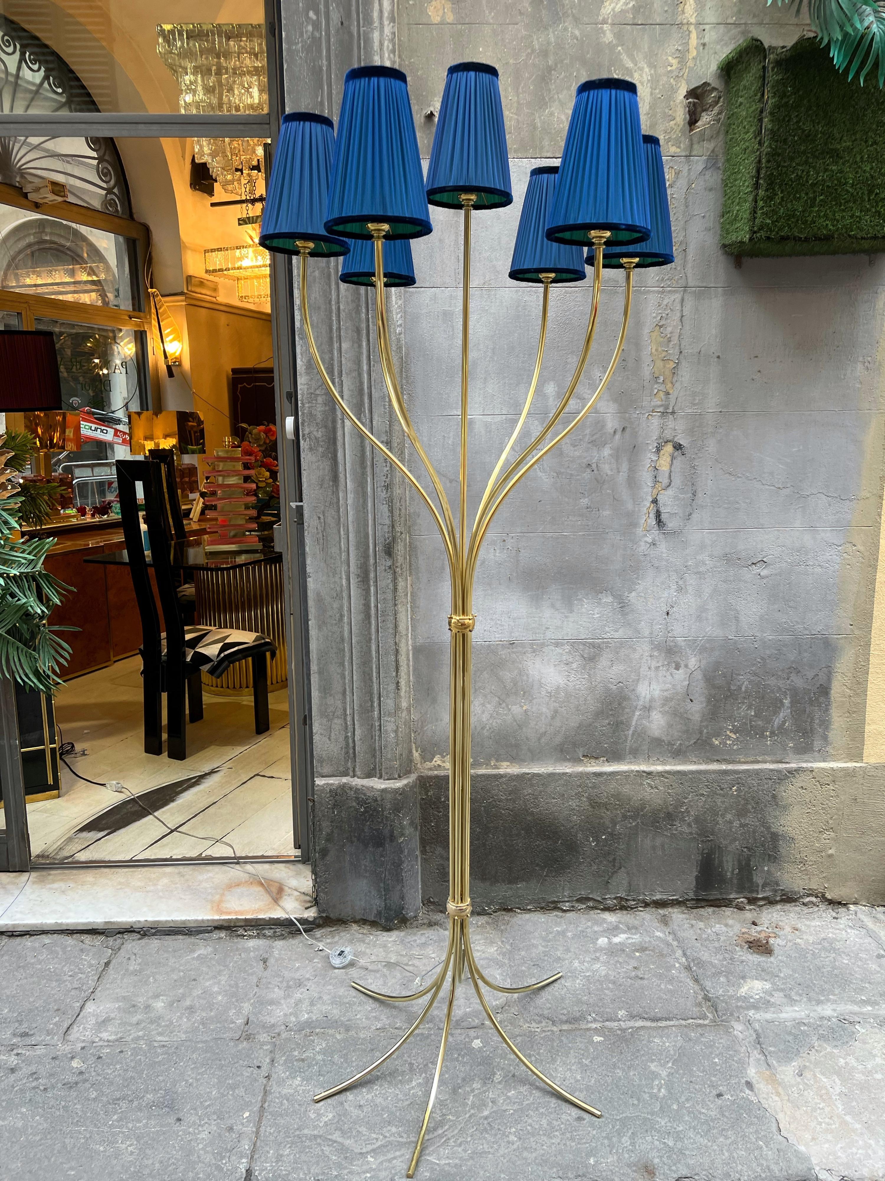 Vintage Brass Floor Lamp with Our Handcrafted Double Color Lampshades, 1970s 2