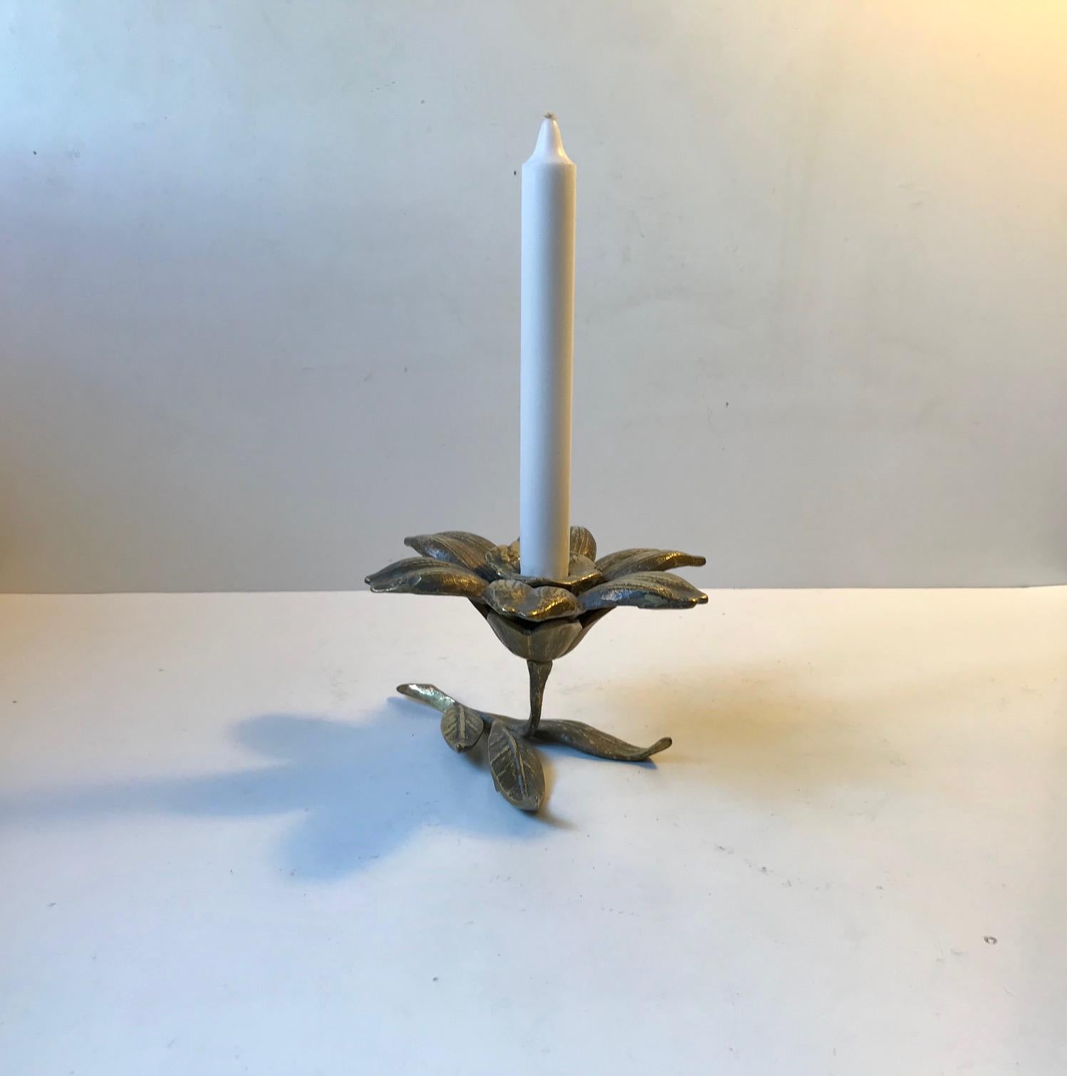 European Vintage Brass Flower and Leaf Candlestick, Chamberstick, Germany, 1930s