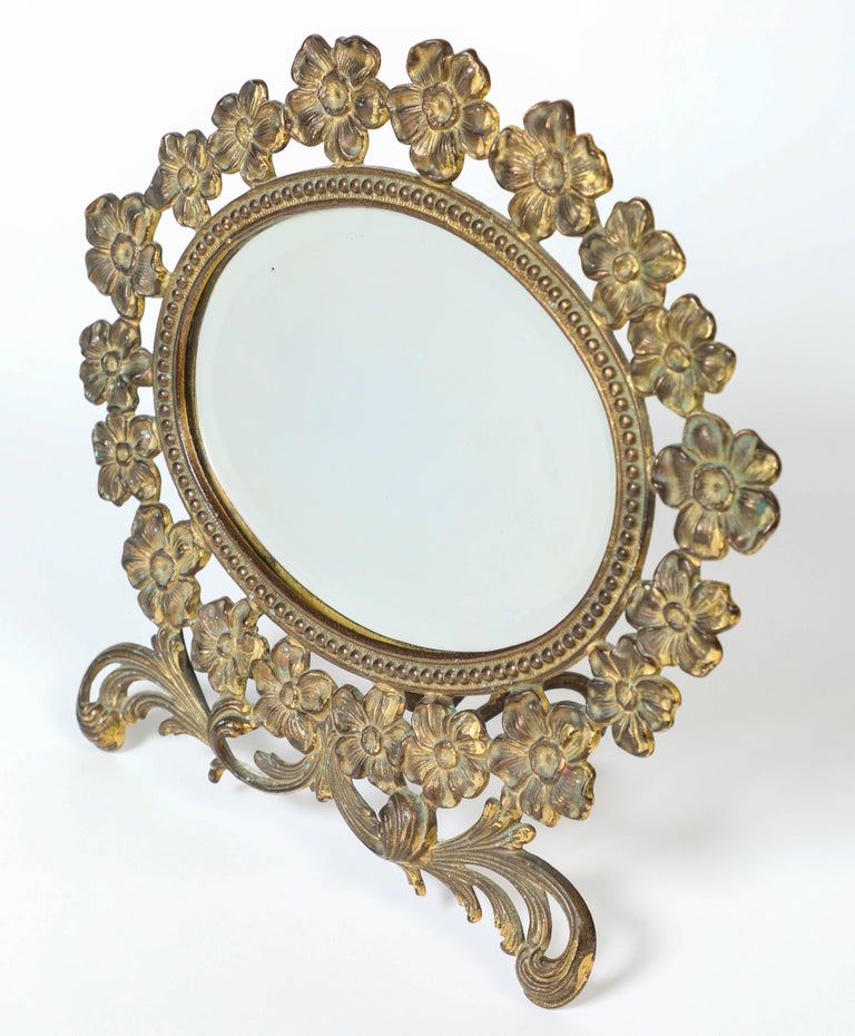 Vintage Brass Flower Frame Vanity Mirror at 1stDibs