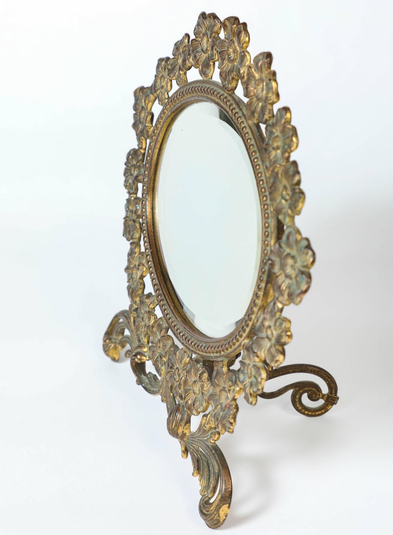Vintage Brass Flower Frame Vanity Mirror at 1stDibs