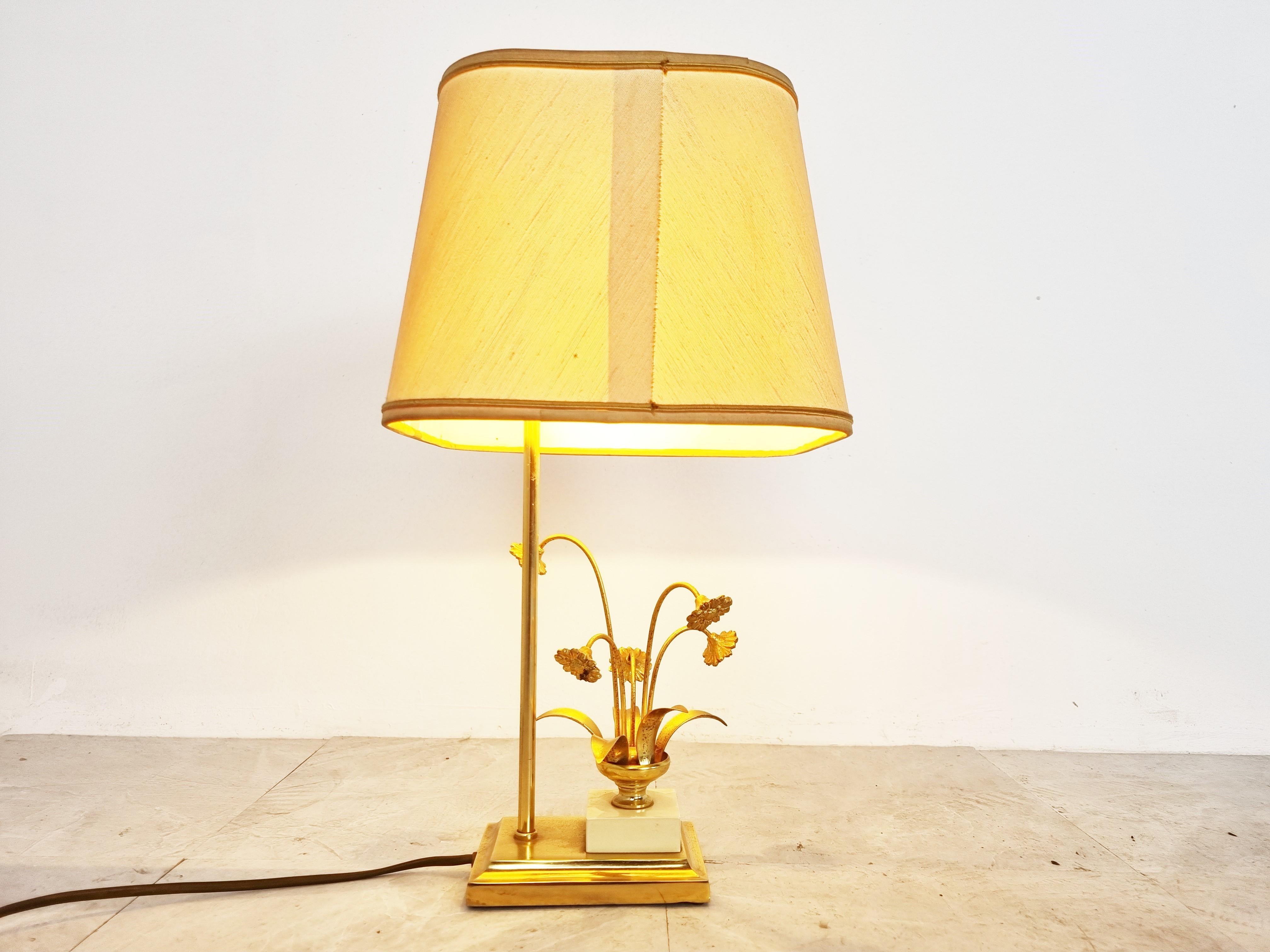 Vintage Brass Flower Table Lamp by Massive, 1970s In Good Condition For Sale In HEVERLEE, BE