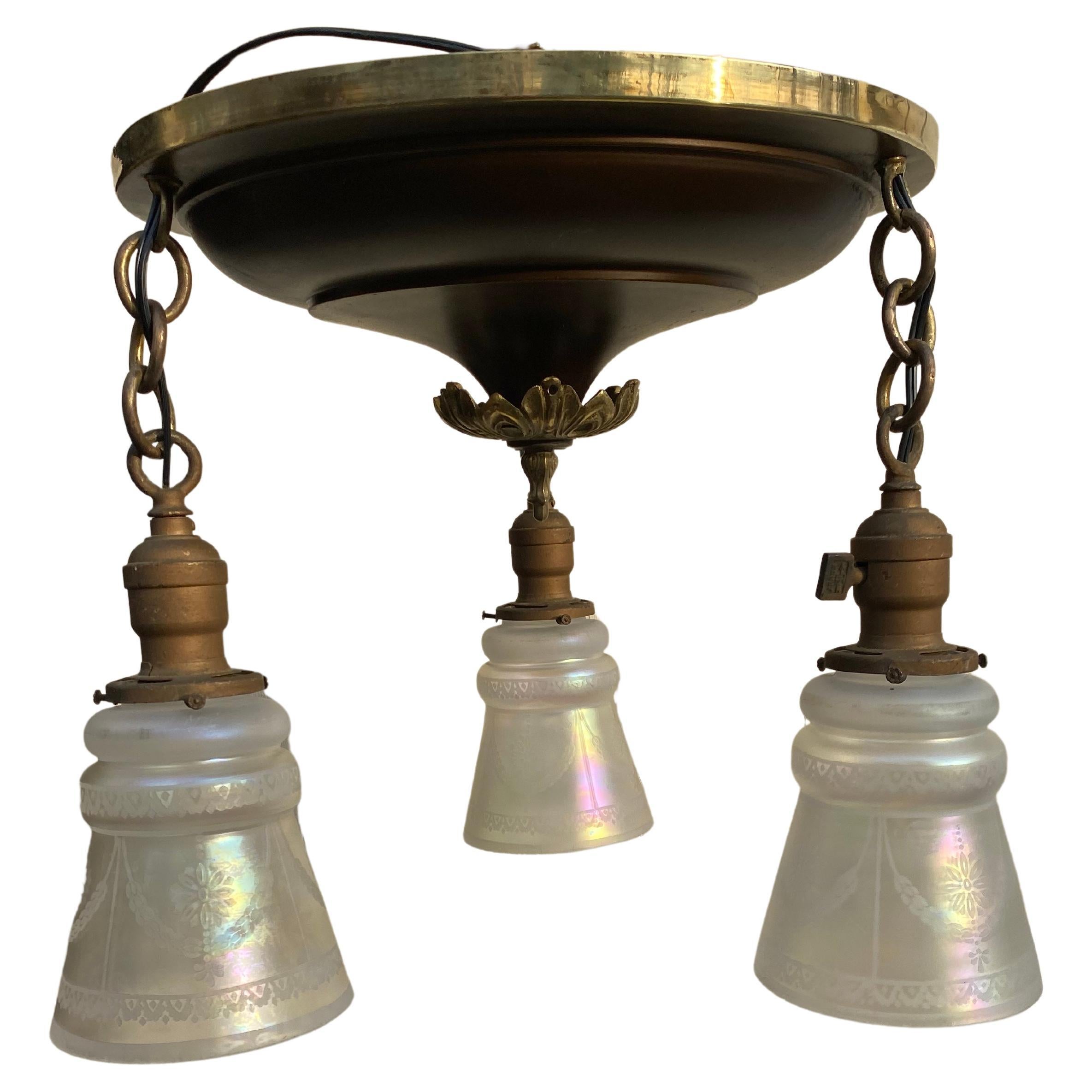 Fluted Frosted Glass Flush Mount Ceiling Fixture with Brass Detail at