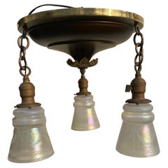 Vintage Brass Flush Mount Ceiling Fixture with Three Vintage Etched Glass Shades