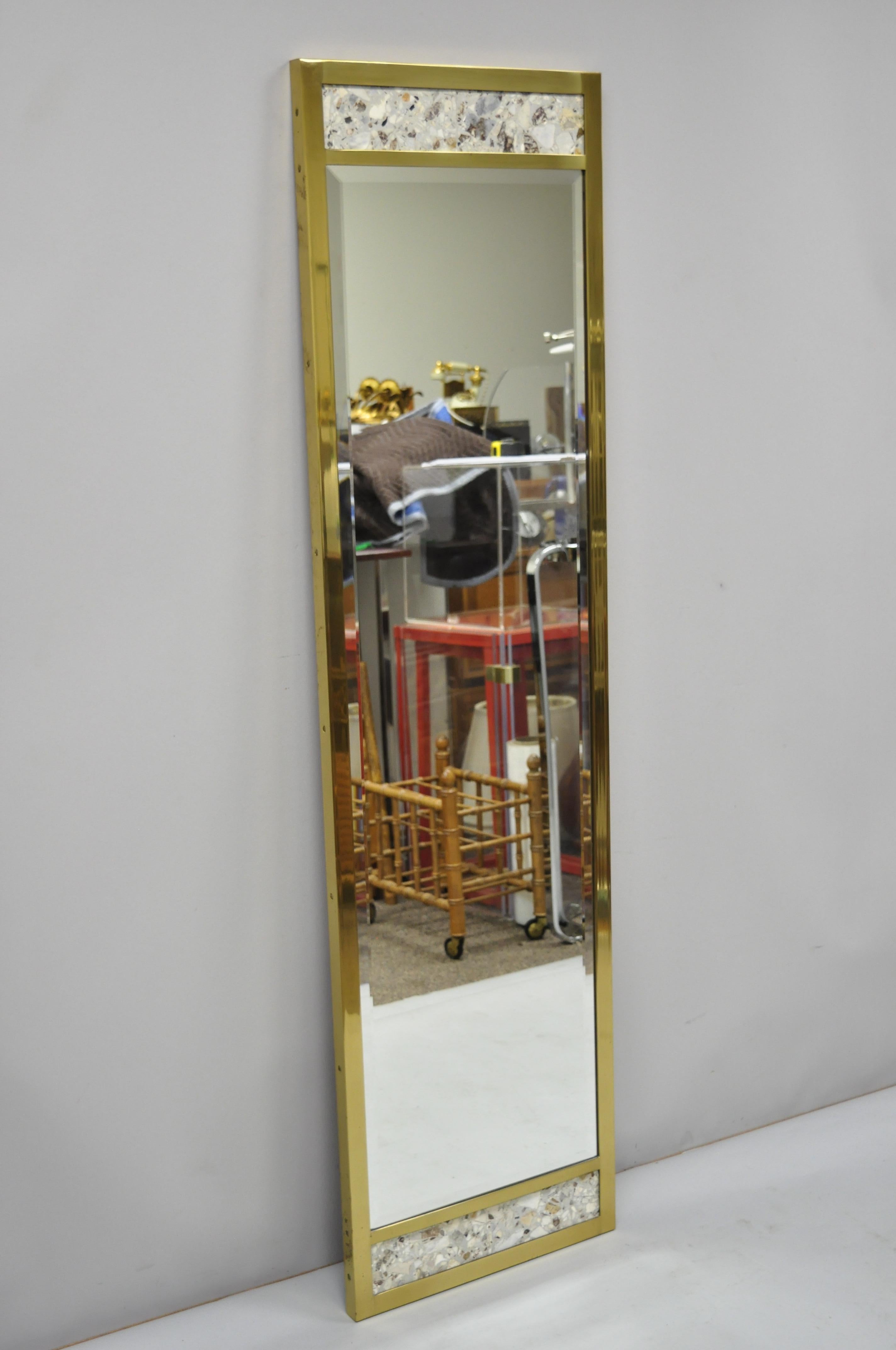 Vintage Brass Frame Marble Inlaid Tall Narrow Mirror JL Metz, Tomlinson For Sale 1