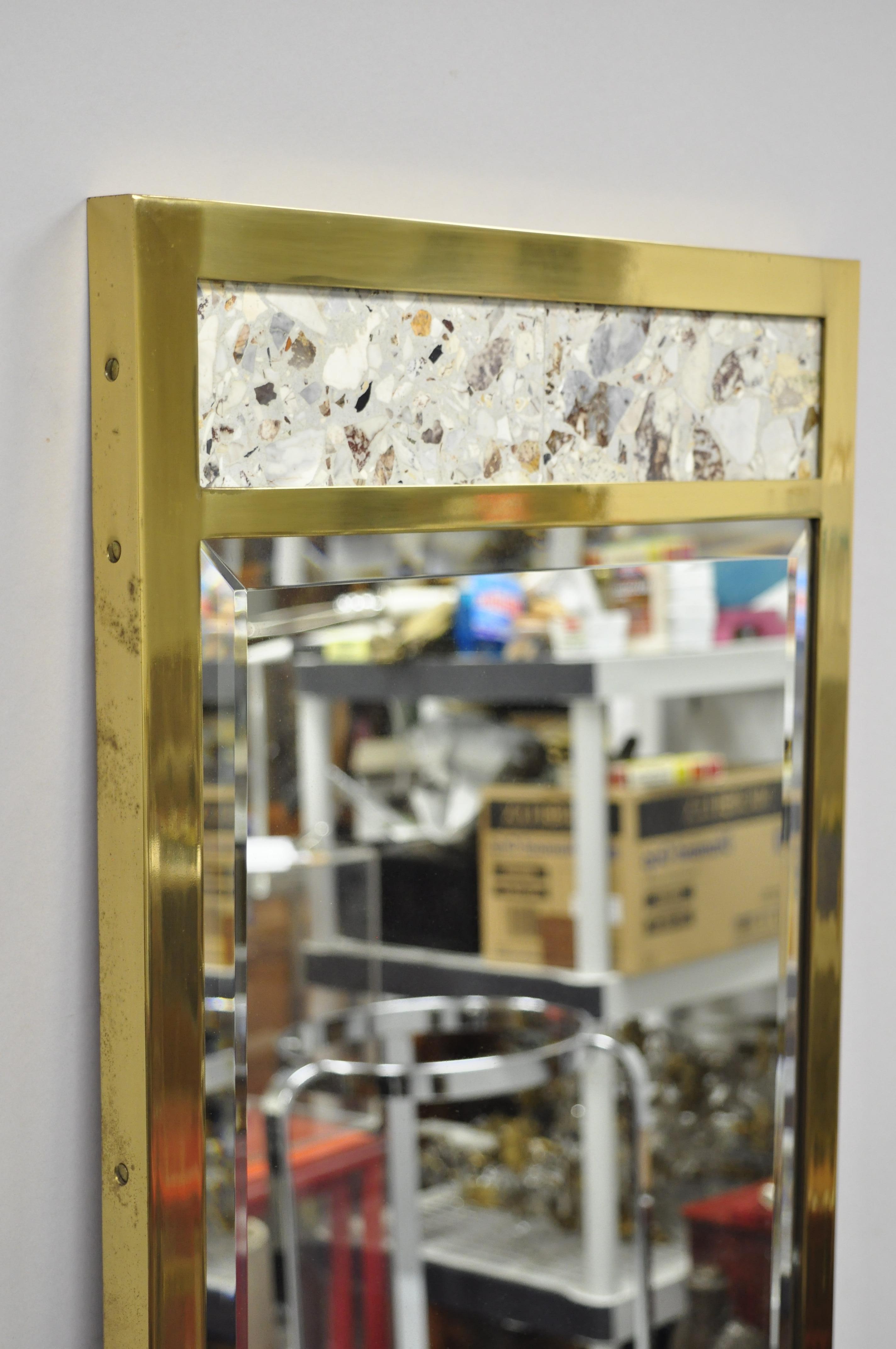 Hollywood Regency Vintage Brass Frame Marble Inlaid Tall Narrow Mirror JL Metz, Tomlinson For Sale