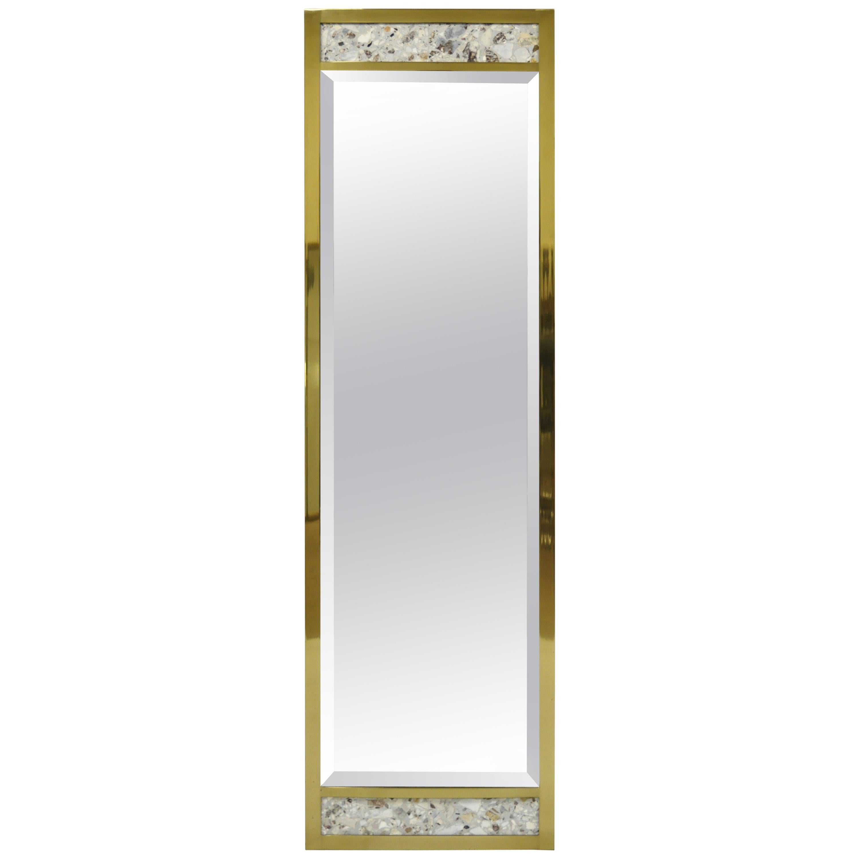 Vintage Brass Frame Marble Inlaid Tall Narrow Mirror JL Metz, Tomlinson