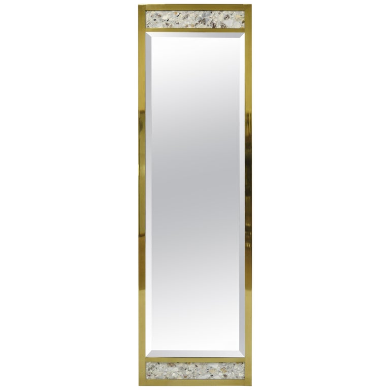 Vintage Brass Frame Marble Inlaid Tall, Tall Thin Antique Mirror