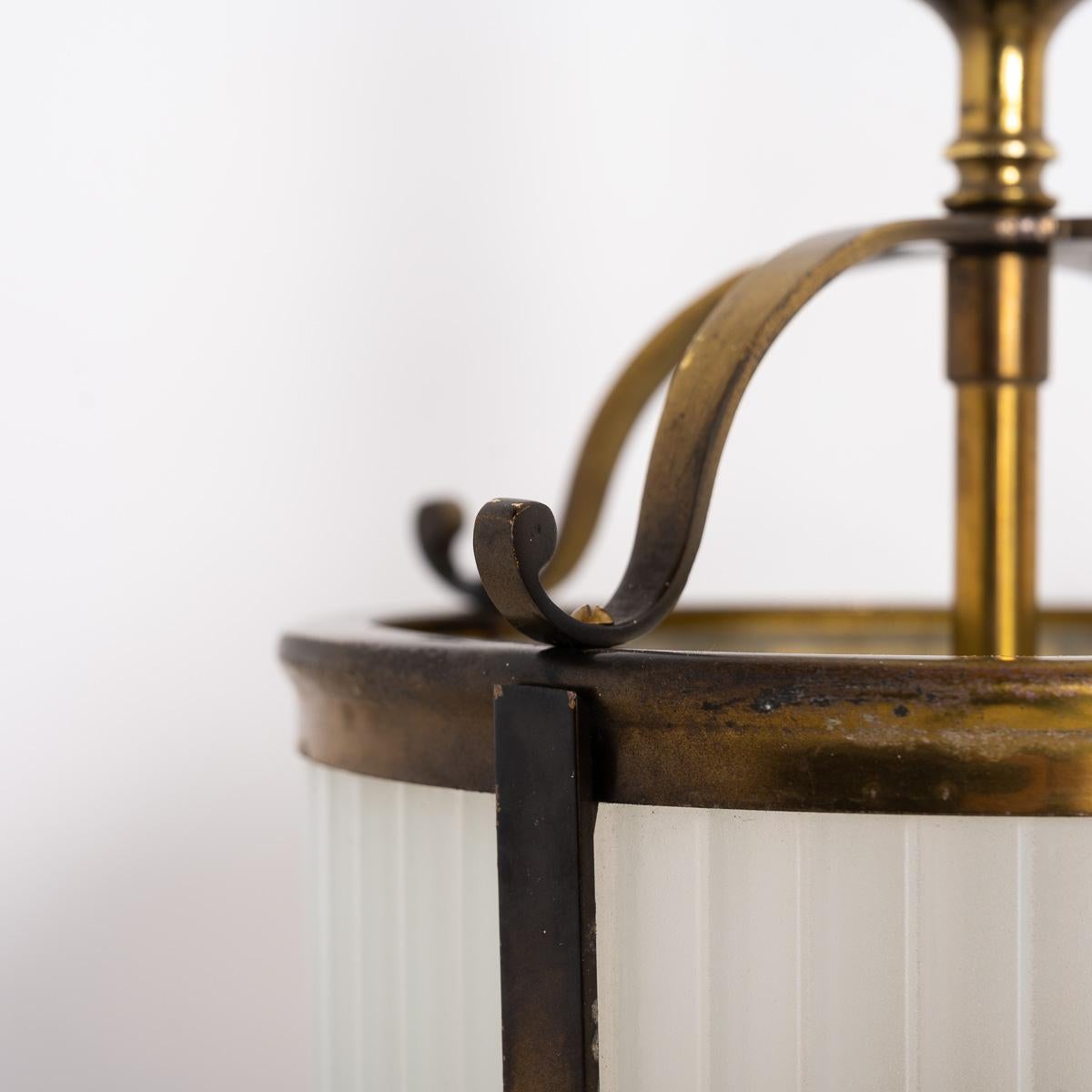 Vintage Brass Framed Hall Lantern with Frosted Reeded Glass Inserts For Sale 4
