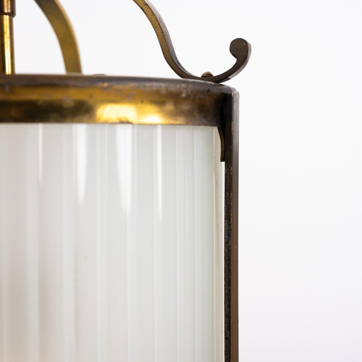 Vintage Brass Framed Hall Lantern with Frosted Reeded Glass Inserts For Sale 8