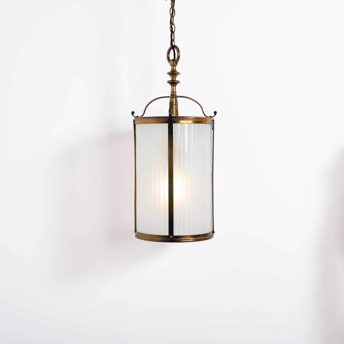 Arts and Crafts Vintage Brass Framed Hall Lantern with Frosted Reeded Glass Inserts For Sale