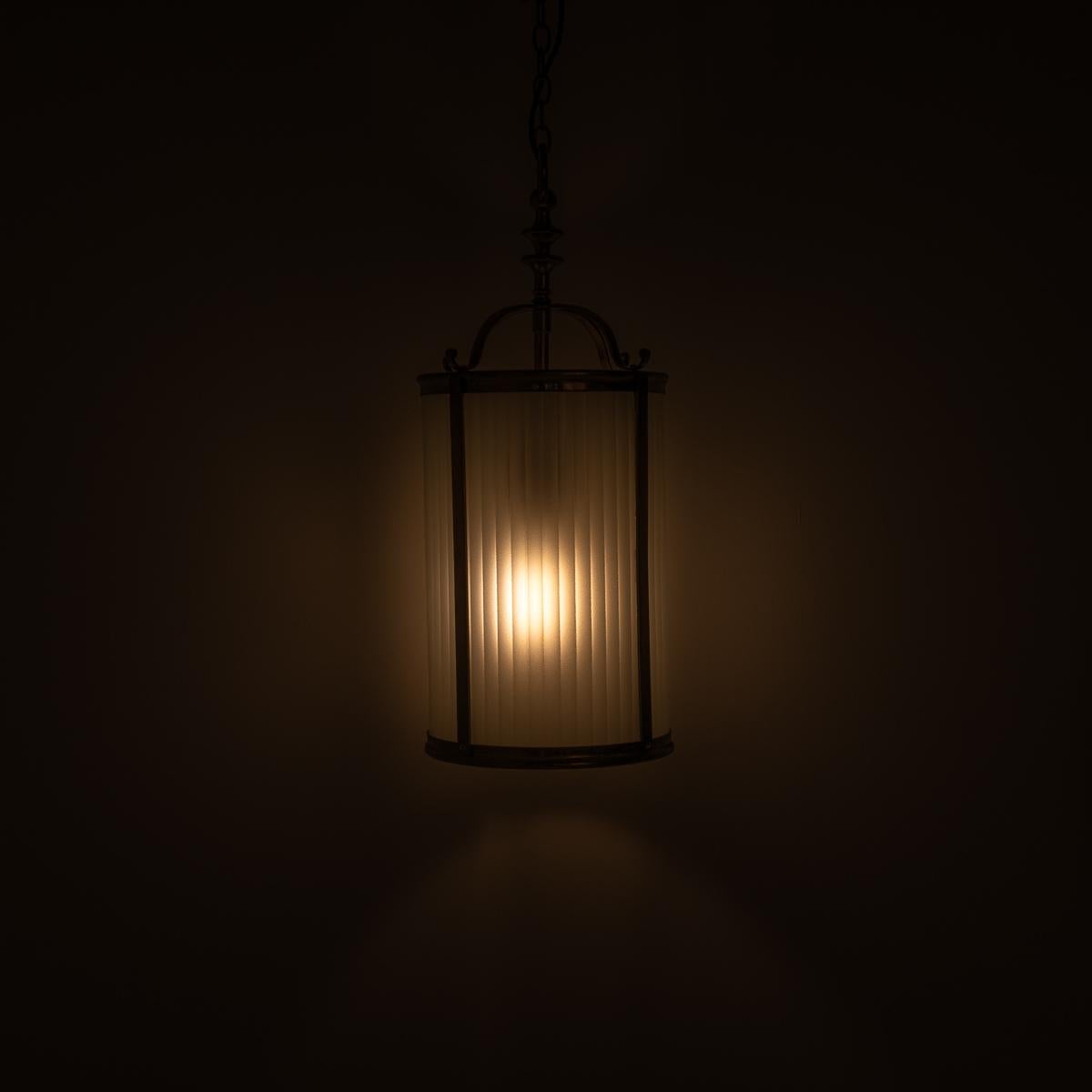 British Vintage Brass Framed Hall Lantern with Frosted Reeded Glass Inserts For Sale