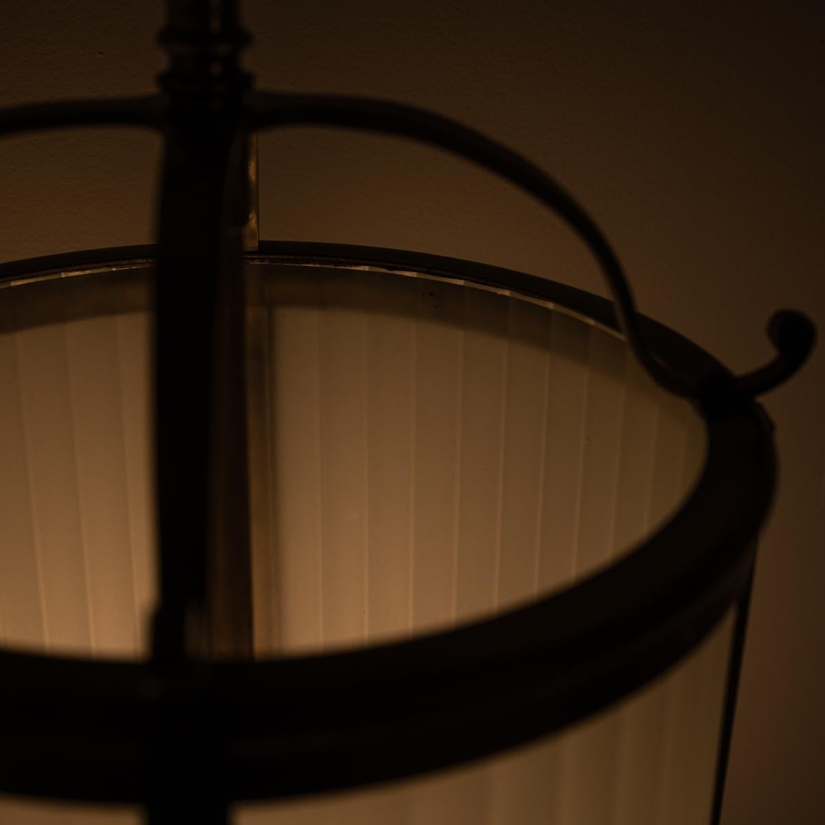 20th Century Vintage Brass Framed Hall Lantern with Frosted Reeded Glass Inserts For Sale