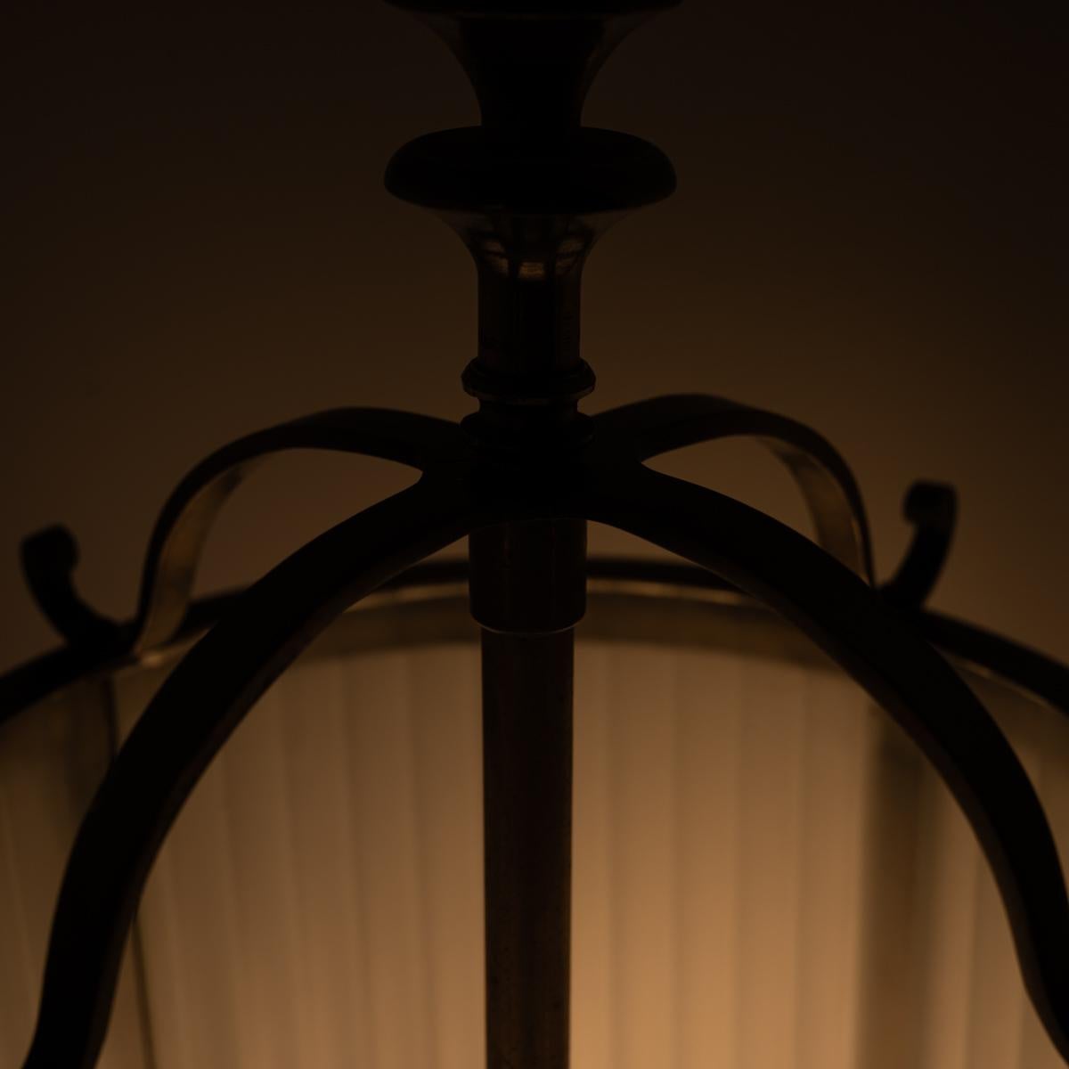 Vintage Brass Framed Hall Lantern with Frosted Reeded Glass Inserts For Sale 1