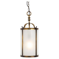Antique Brass Framed Hall Lantern with Frosted Reeded Glass Inserts
