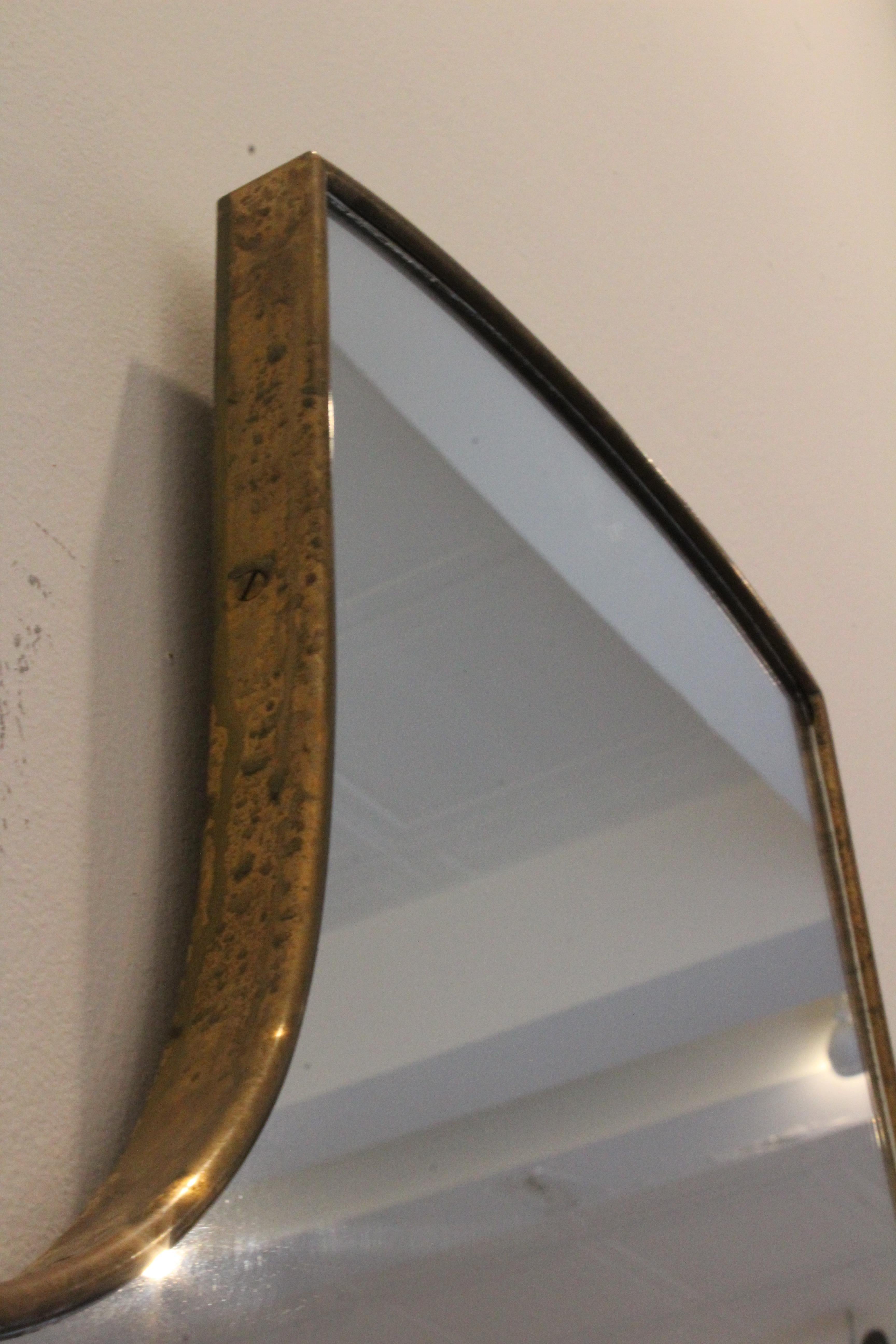 Vintage Brass Framed Shield Mirror, Italy, 1950s 1