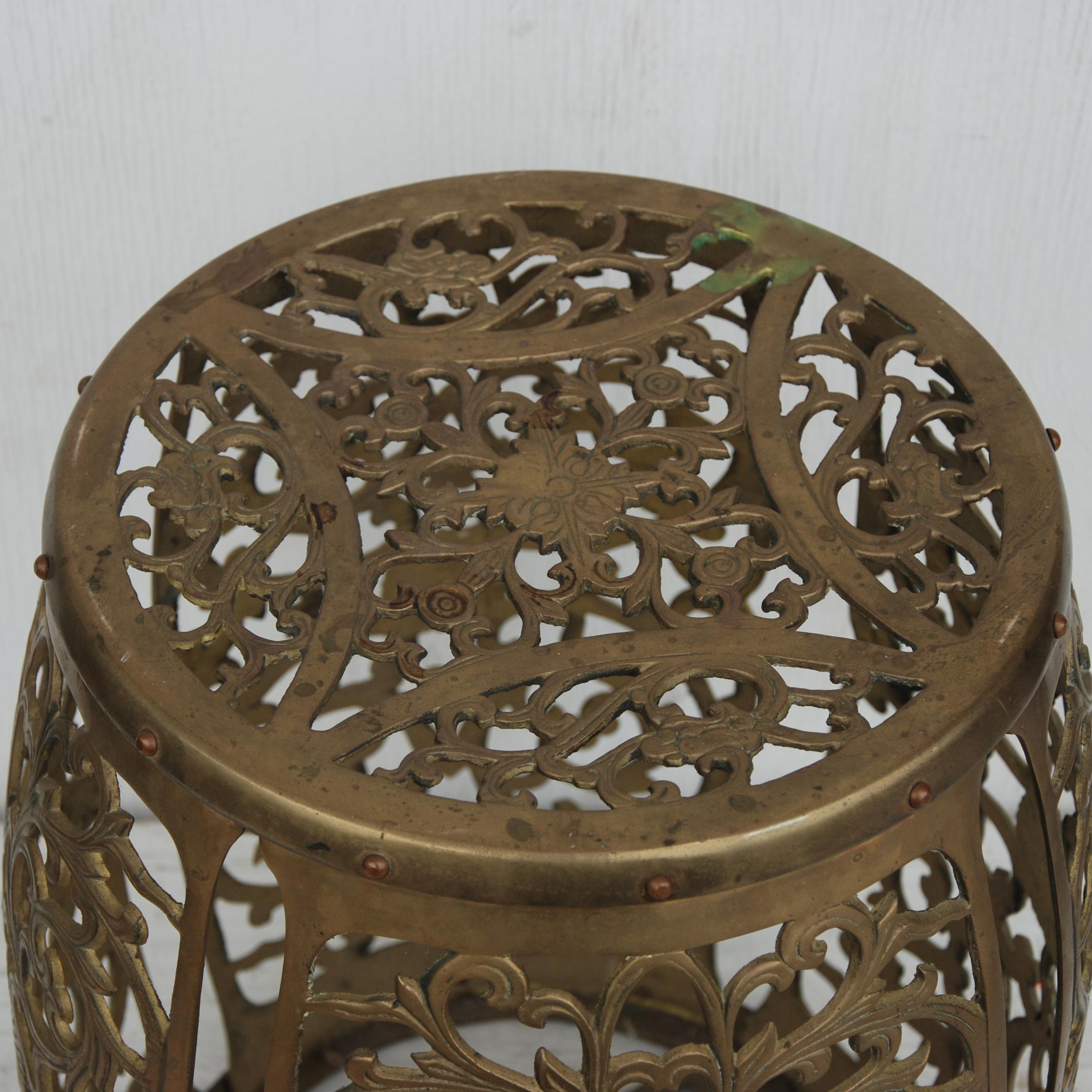 Chinoiserie Vintage Brass Fretwork Stool For Sale