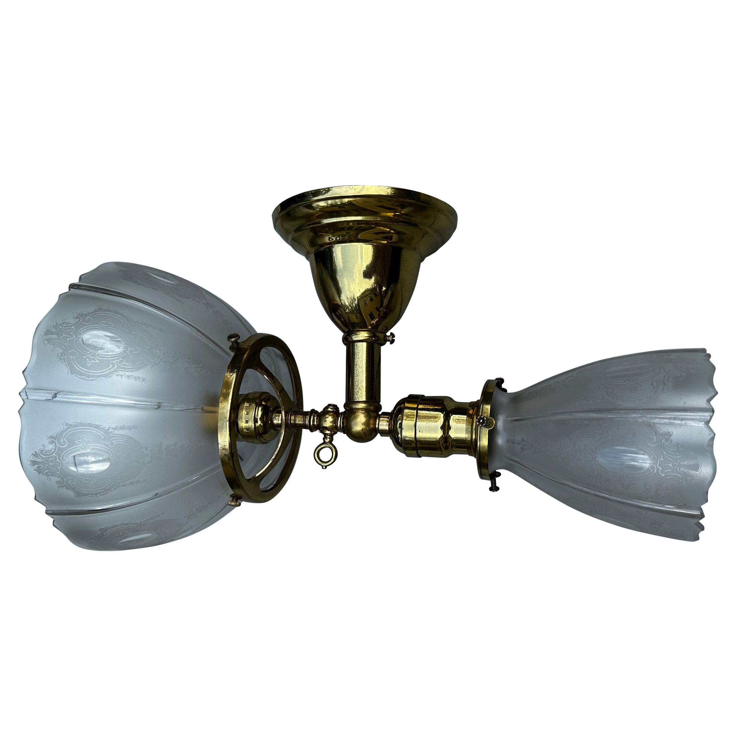 Vintage brass gas electric wall sconce with set of vintage gas electric shades For Sale