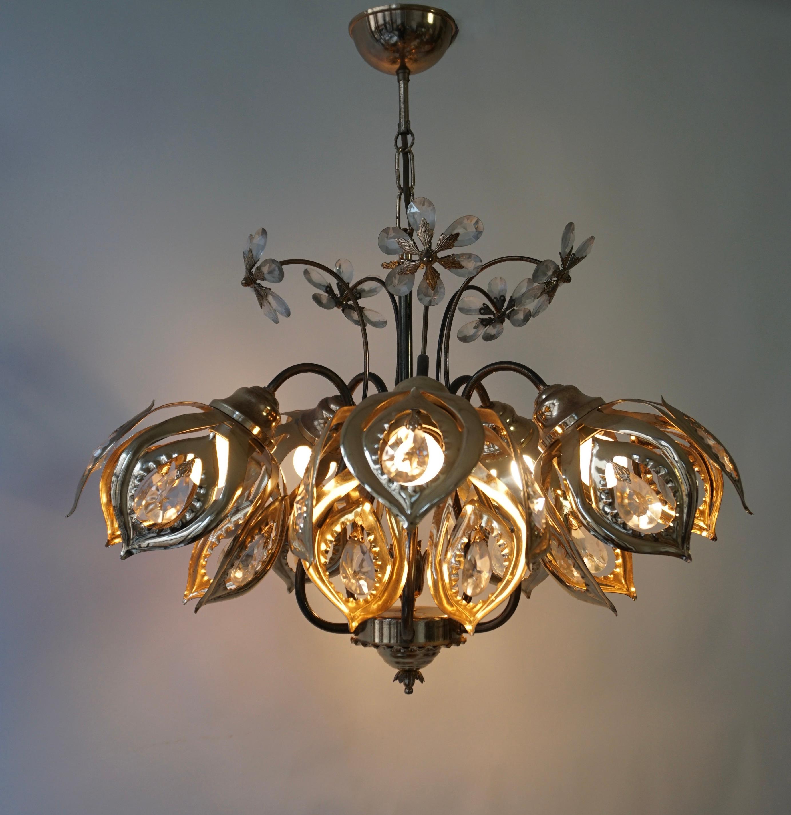 Hollywood Regency Vintage Brass Gilded Chandelier with Crystal Flowers  For Sale