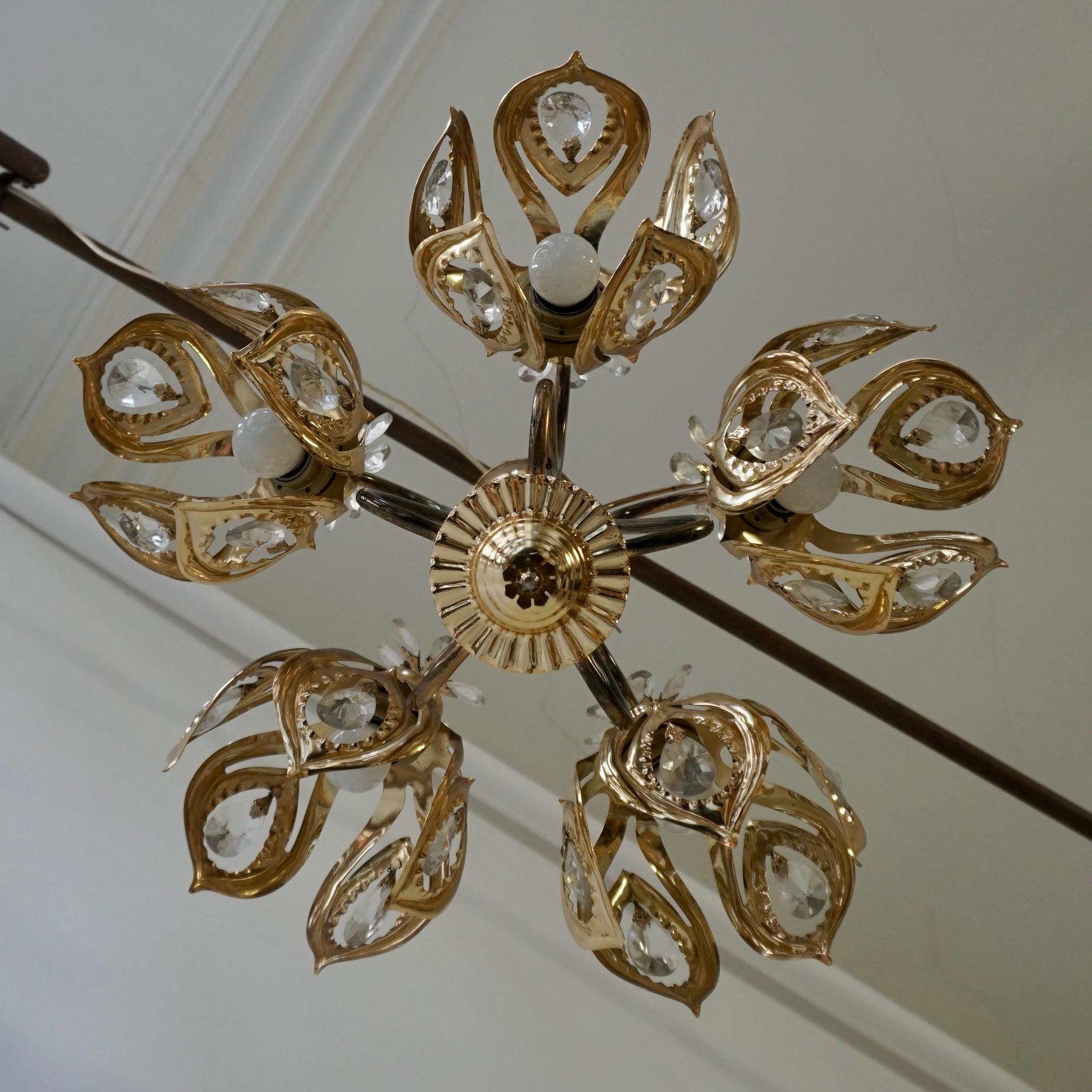 Gilt Vintage Brass Gilded Chandelier with Crystal Flowers  For Sale