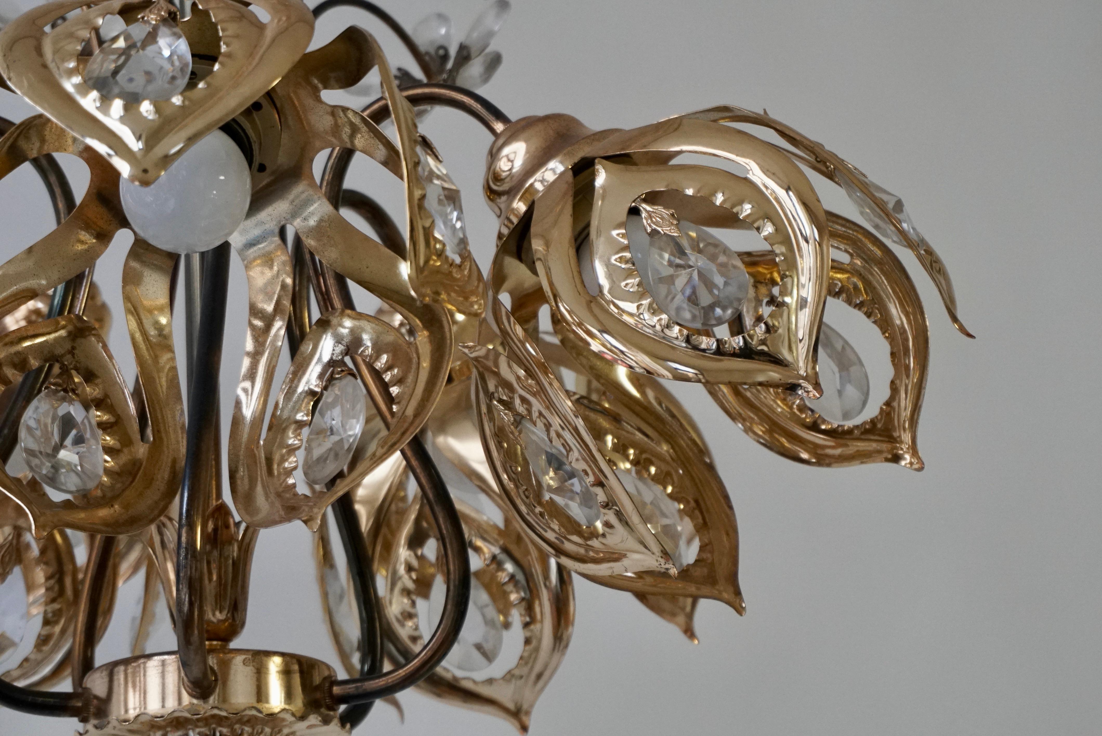 20th Century Vintage Brass Gilded Chandelier with Crystal Flowers  For Sale